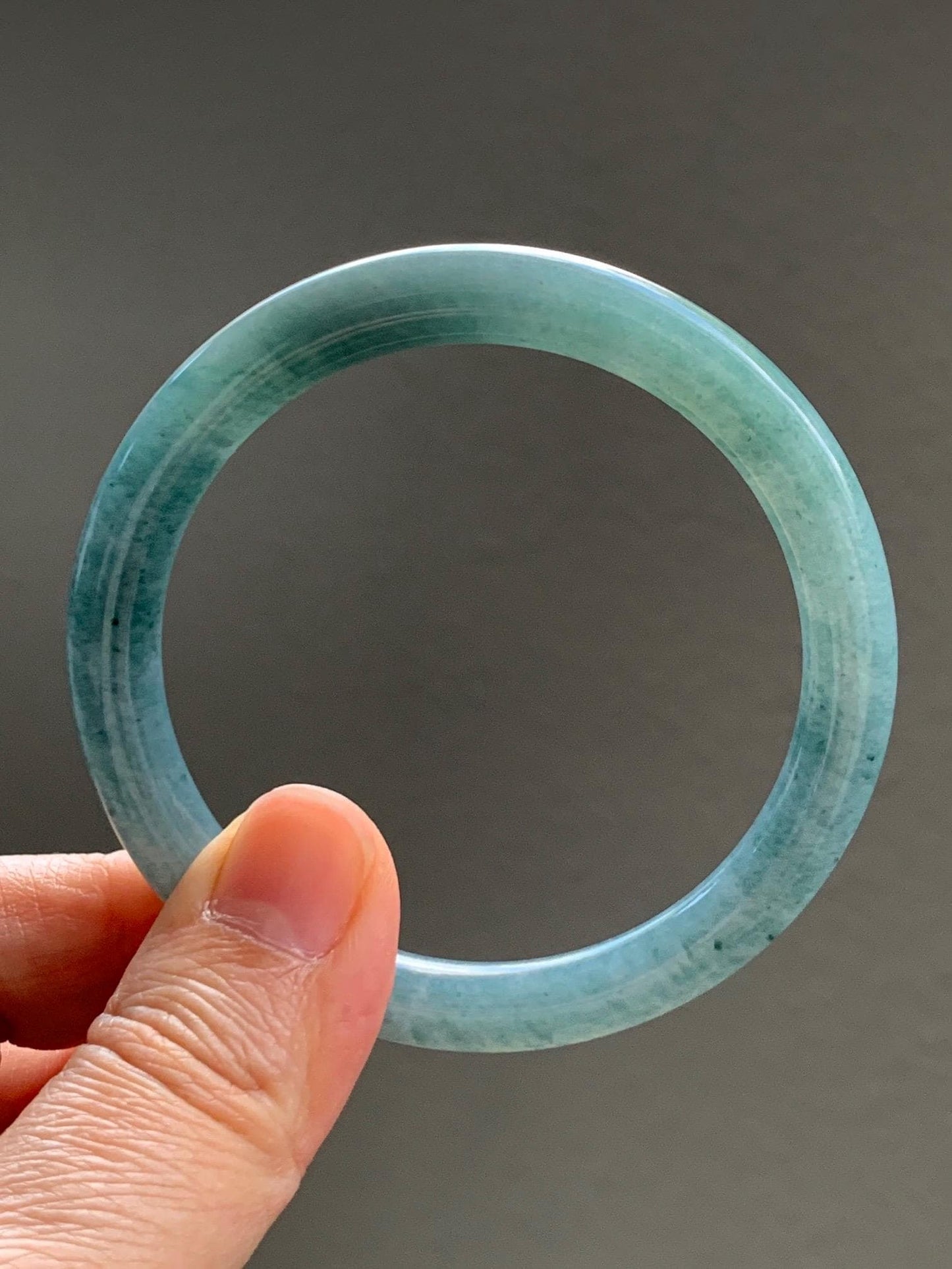 Certified Natural Grade A Guatemalan Icy Translucent Dusty Teal Marbled Jade Jadeite Bangle Bracelet 54.67mm 6.75” 31g 天然冰危蓝绿圆条翡翠手镯 519