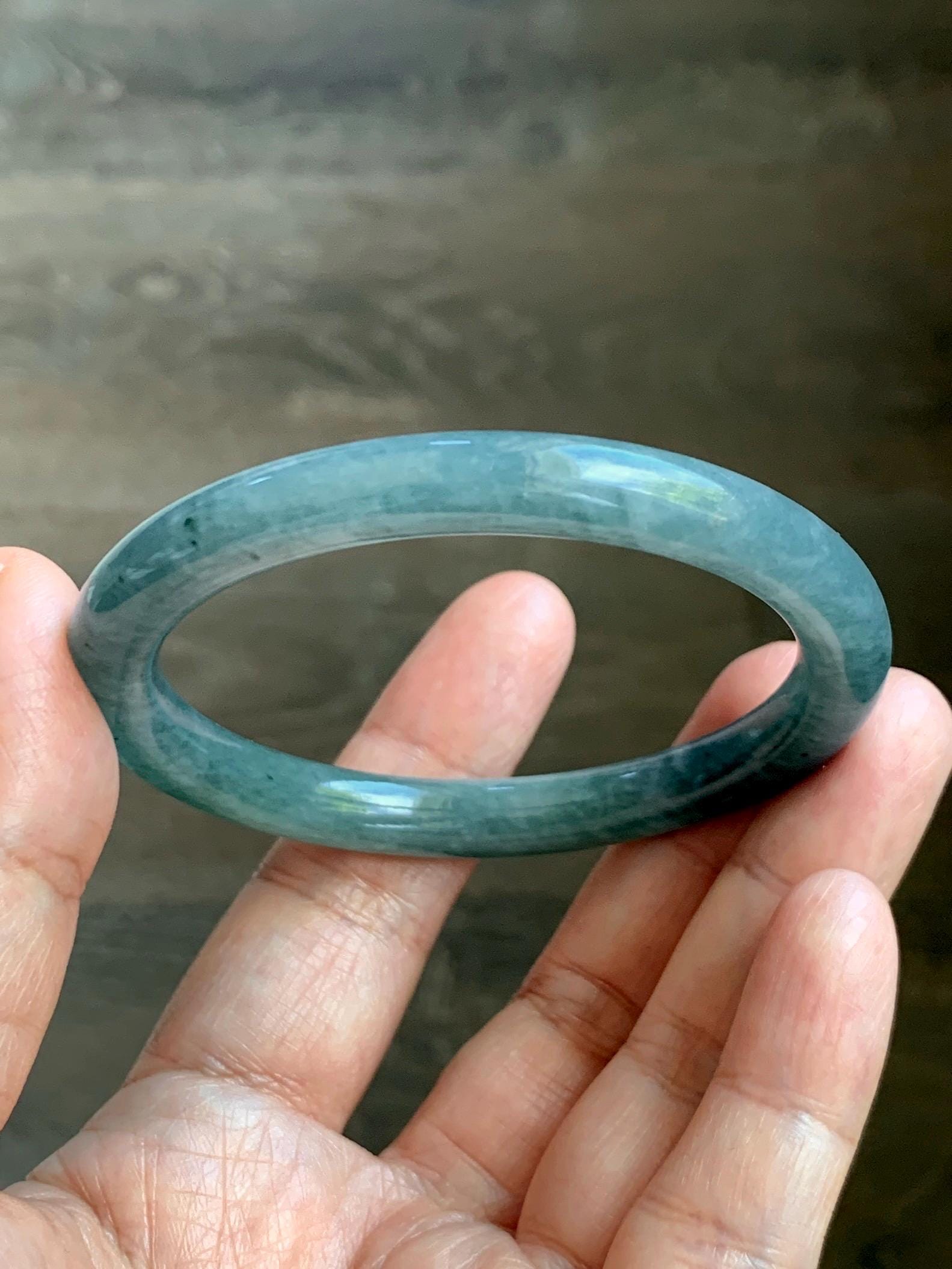 Certified Natural Grade A Guatemalan Icy Translucent Dusty Teal Marbled Jade Jadeite Bangle Bracelet 54.67mm 6.75” 31g 天然冰危蓝绿圆条翡翠手镯 519