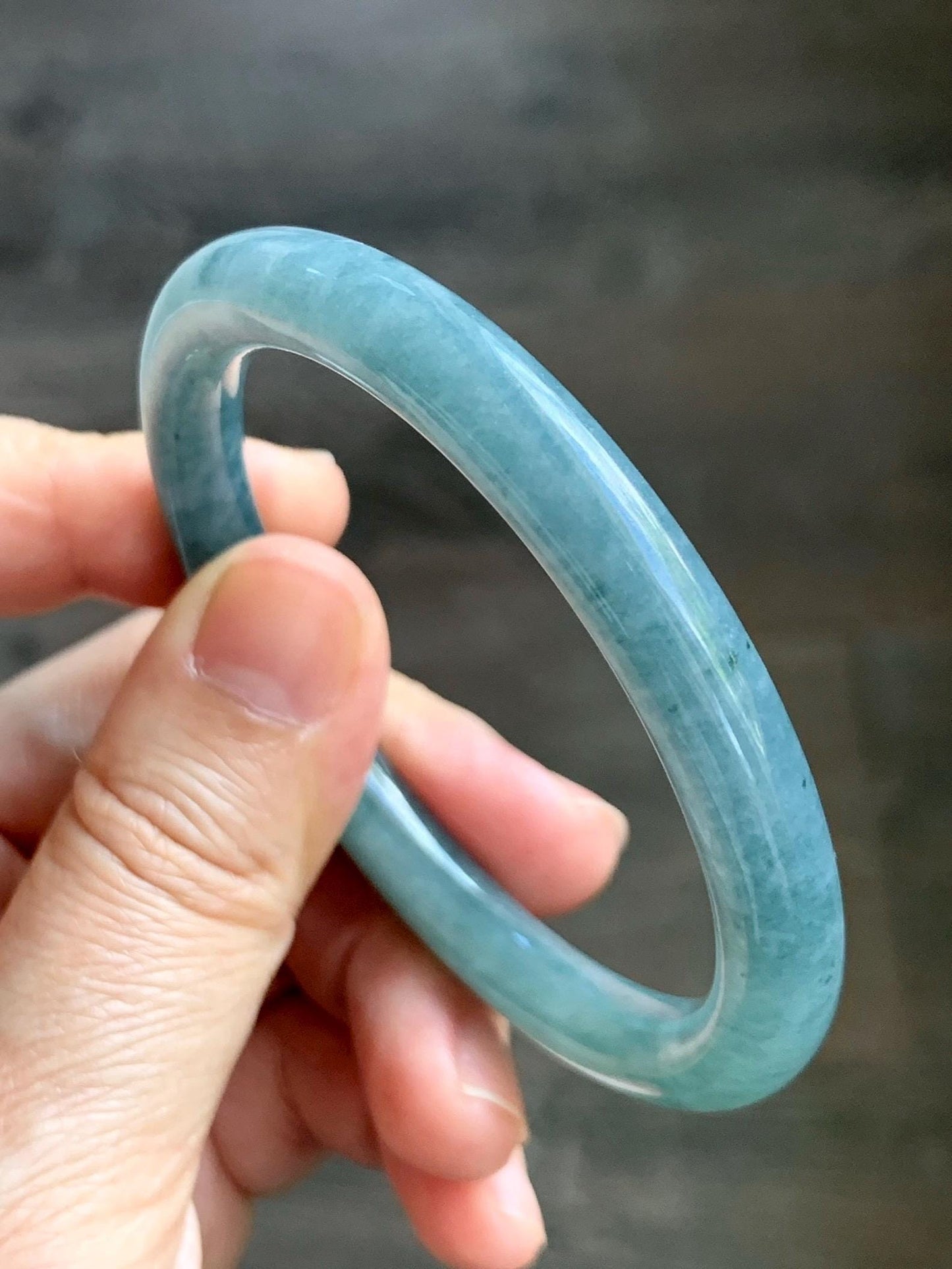 Certified Natural Grade A Guatemalan Icy Translucent Dusty Teal Marbled Jade Jadeite Bangle Bracelet 54.67mm 6.75” 31g 天然冰危蓝绿圆条翡翠手镯 519