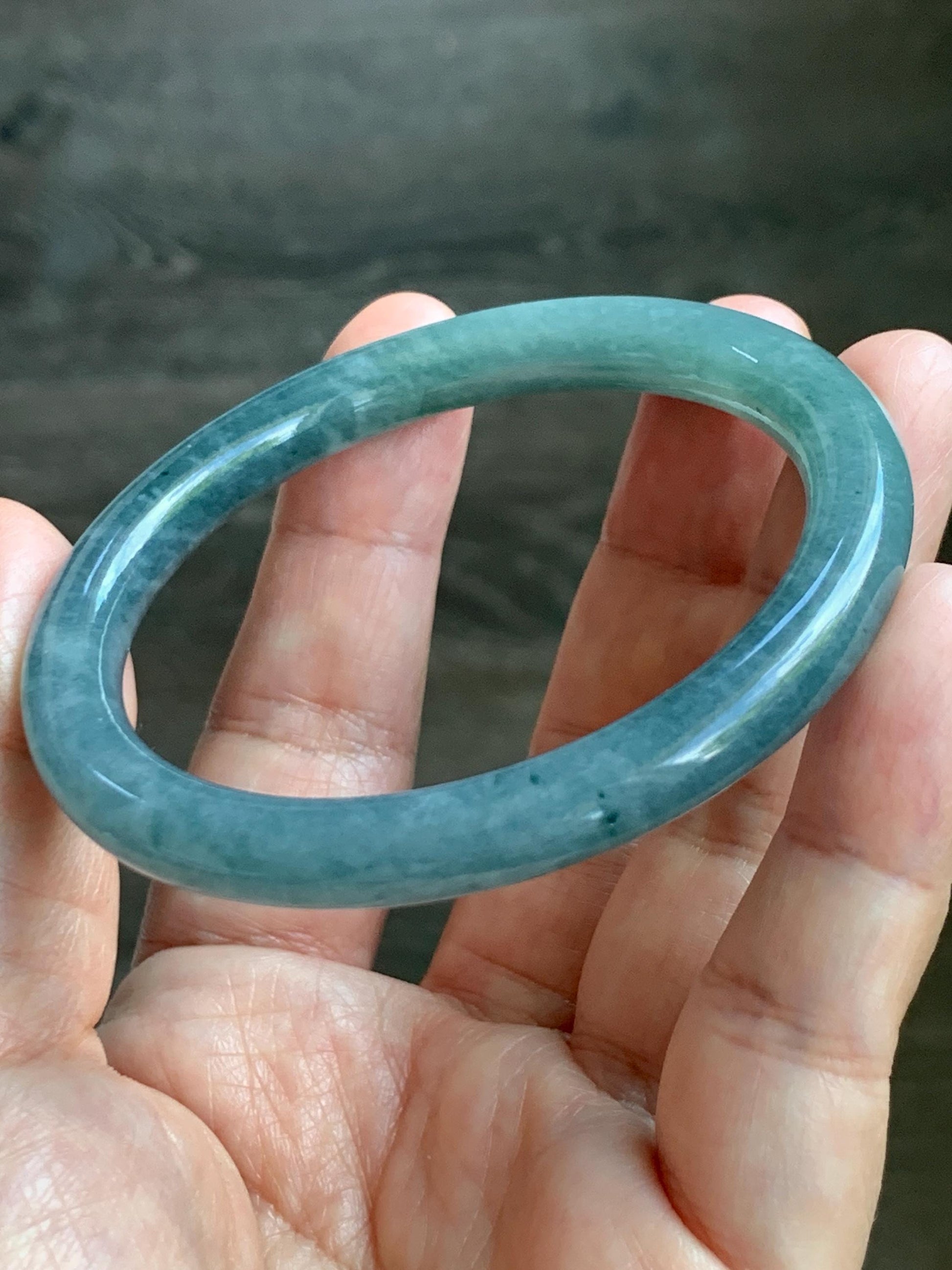 Certified Natural Grade A Guatemalan Icy Translucent Dusty Teal Marbled Jade Jadeite Bangle Bracelet 54.67mm 6.75” 31g 天然冰危蓝绿圆条翡翠手镯 519