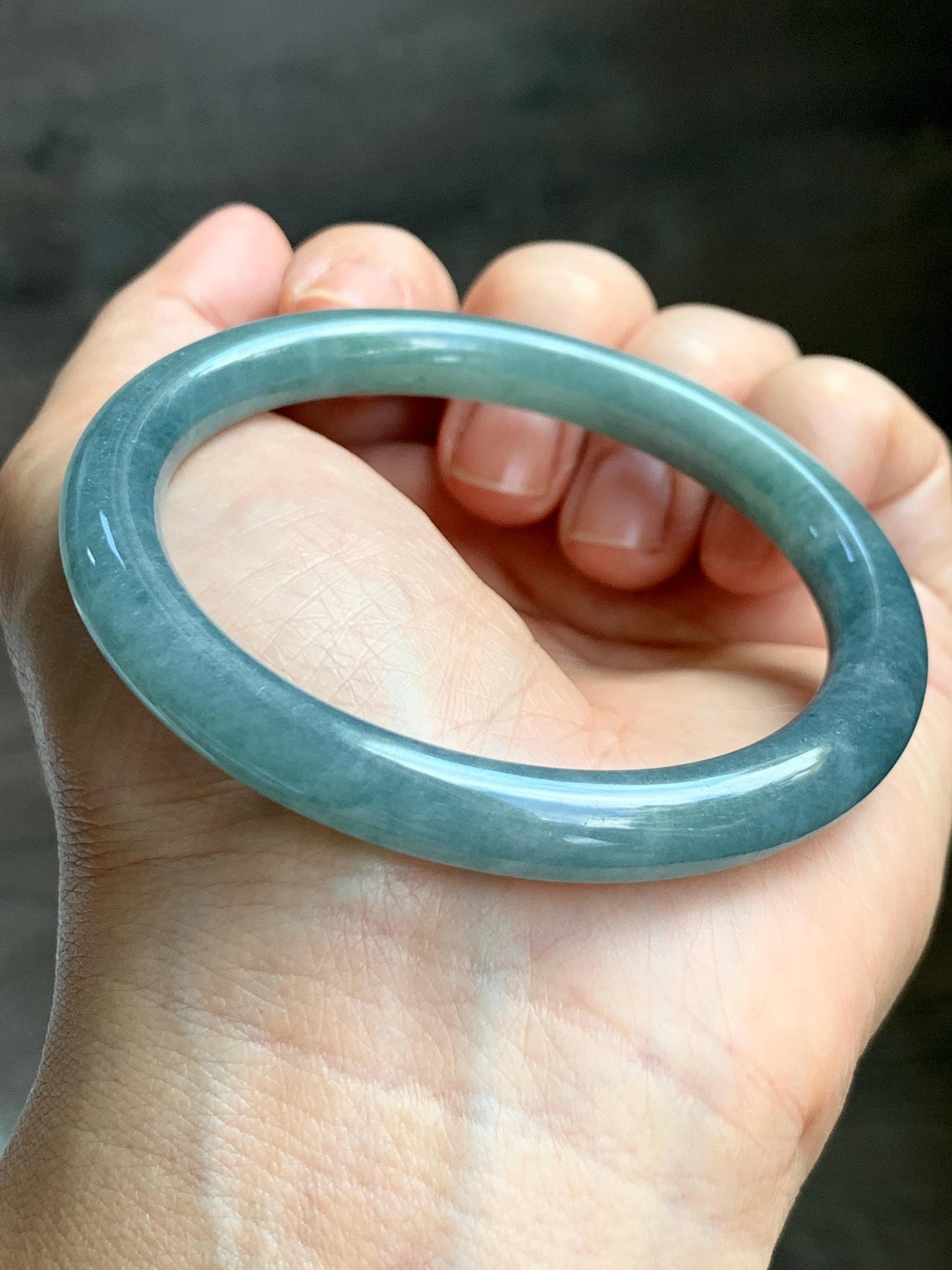 Certified Natural Grade A Guatemalan Icy Translucent Dusty Teal Marbled Jade Jadeite Bangle Bracelet 54.67mm 6.75” 31g 天然冰危蓝绿圆条翡翠手镯 519
