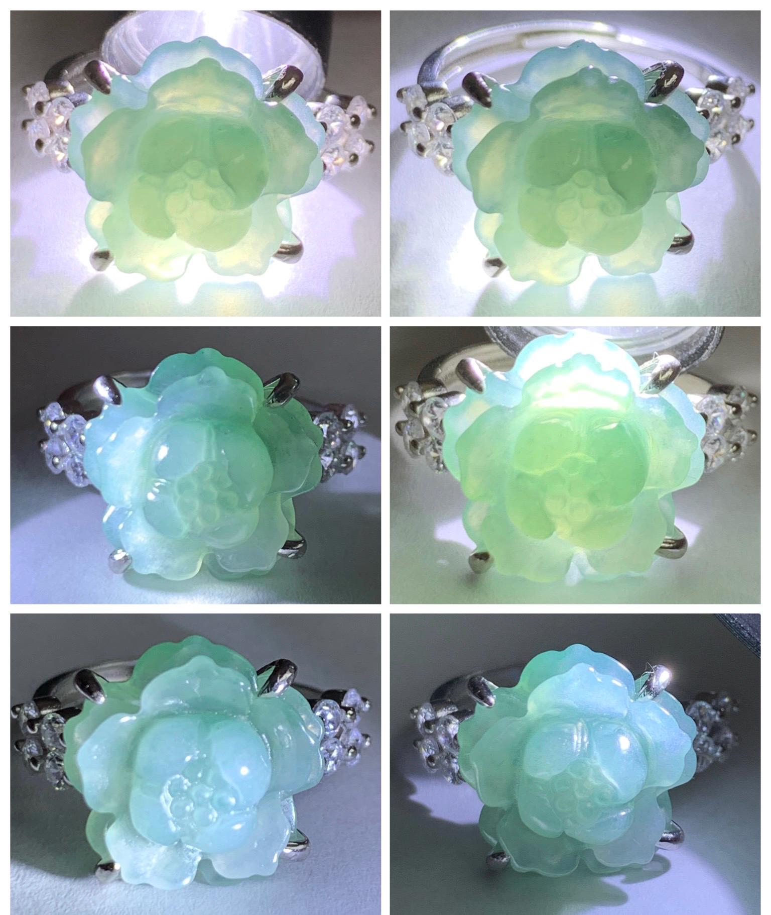 Natural Grade A Guatemalan Icy Dusty Teal Blue Jade Jadeite Lotus Flower Ring Sterling Silver Size Adjustable 4g 天然冰危浅蓝翡翠莲花戒指 WLY132I