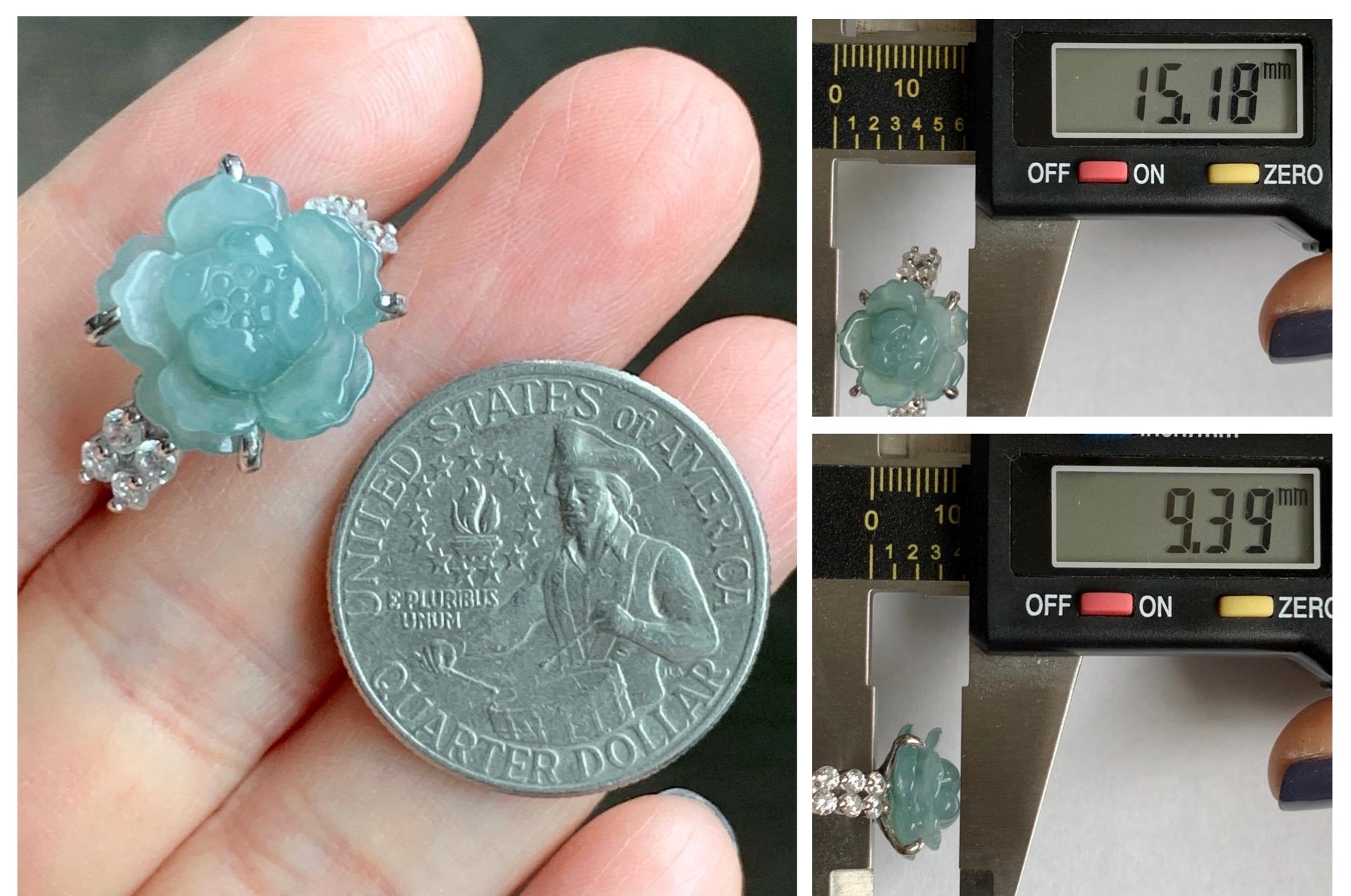Natural Grade A Guatemalan Icy Dusty Teal Blue Jade Jadeite Lotus Flower Ring Sterling Silver Size Adjustable 4g 天然冰危浅蓝翡翠莲花戒指 WLY132I