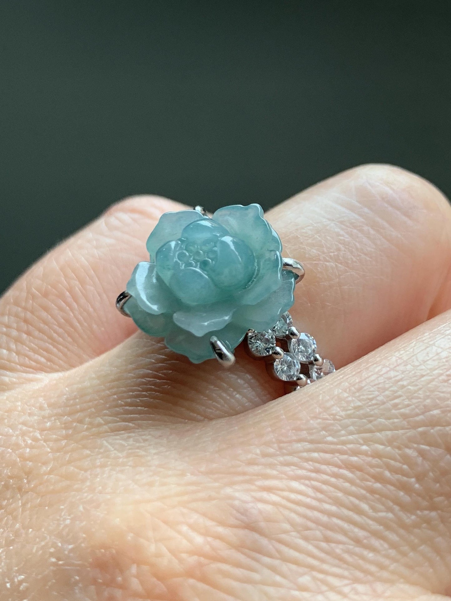 Natural Grade A Guatemalan Icy Dusty Teal Blue Jade Jadeite Lotus Flower Ring Sterling Silver Size Adjustable 4g 天然冰危浅蓝翡翠莲花戒指 WLY132I