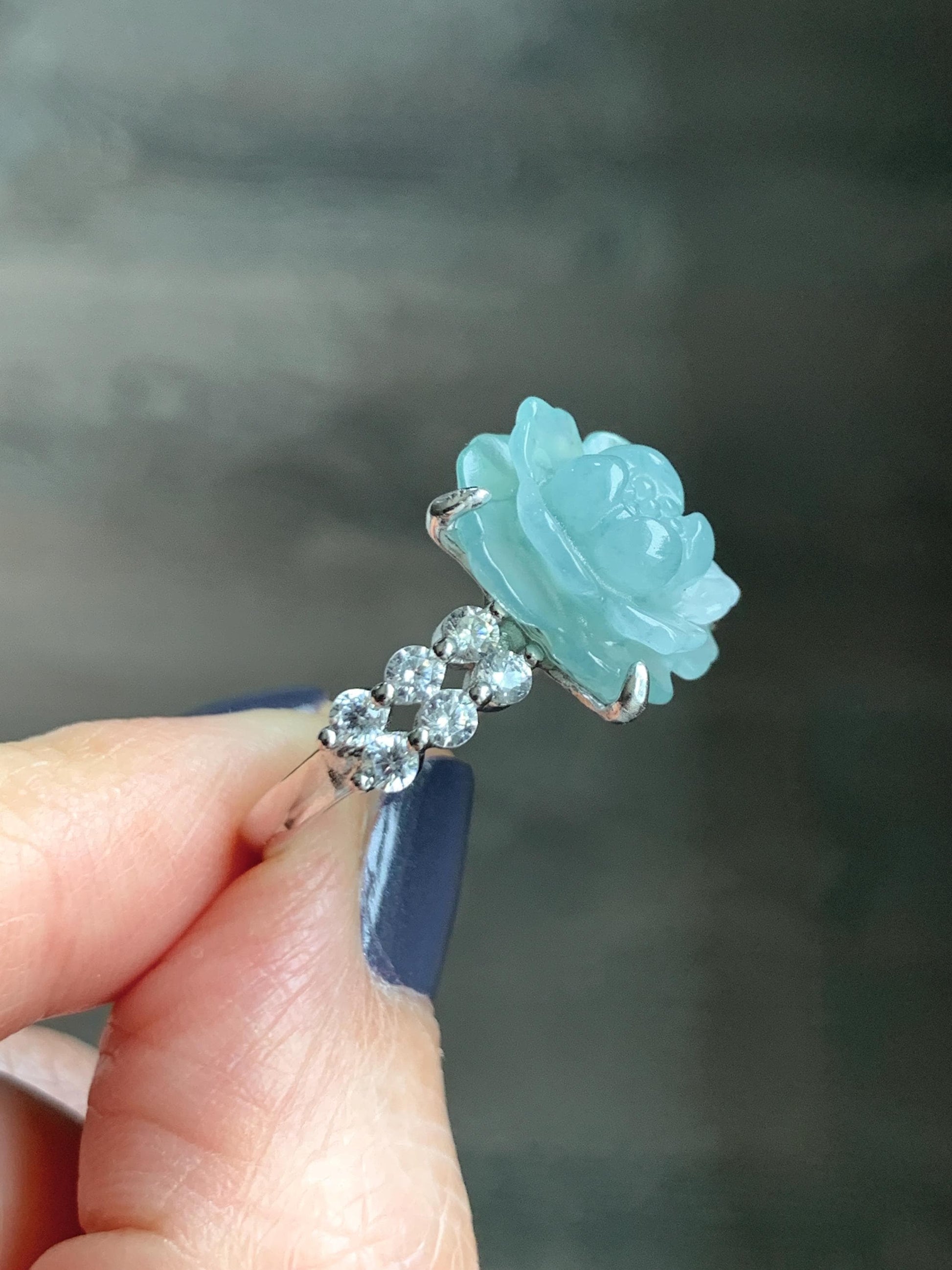 Natural Grade A Guatemalan Icy Dusty Teal Blue Jade Jadeite Lotus Flower Ring Sterling Silver Size Adjustable 4g 天然冰危浅蓝翡翠莲花戒指 WLY132I