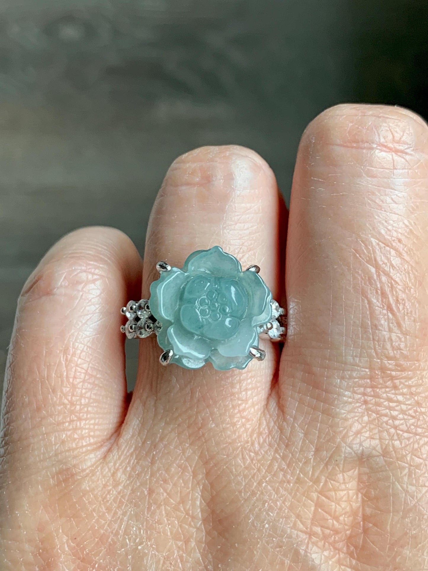 Natural Grade A Guatemalan Icy Dusty Teal Blue Jade Jadeite Lotus Flower Ring Sterling Silver Size Adjustable 4g 天然冰危浅蓝翡翠莲花戒指 WLY132I
