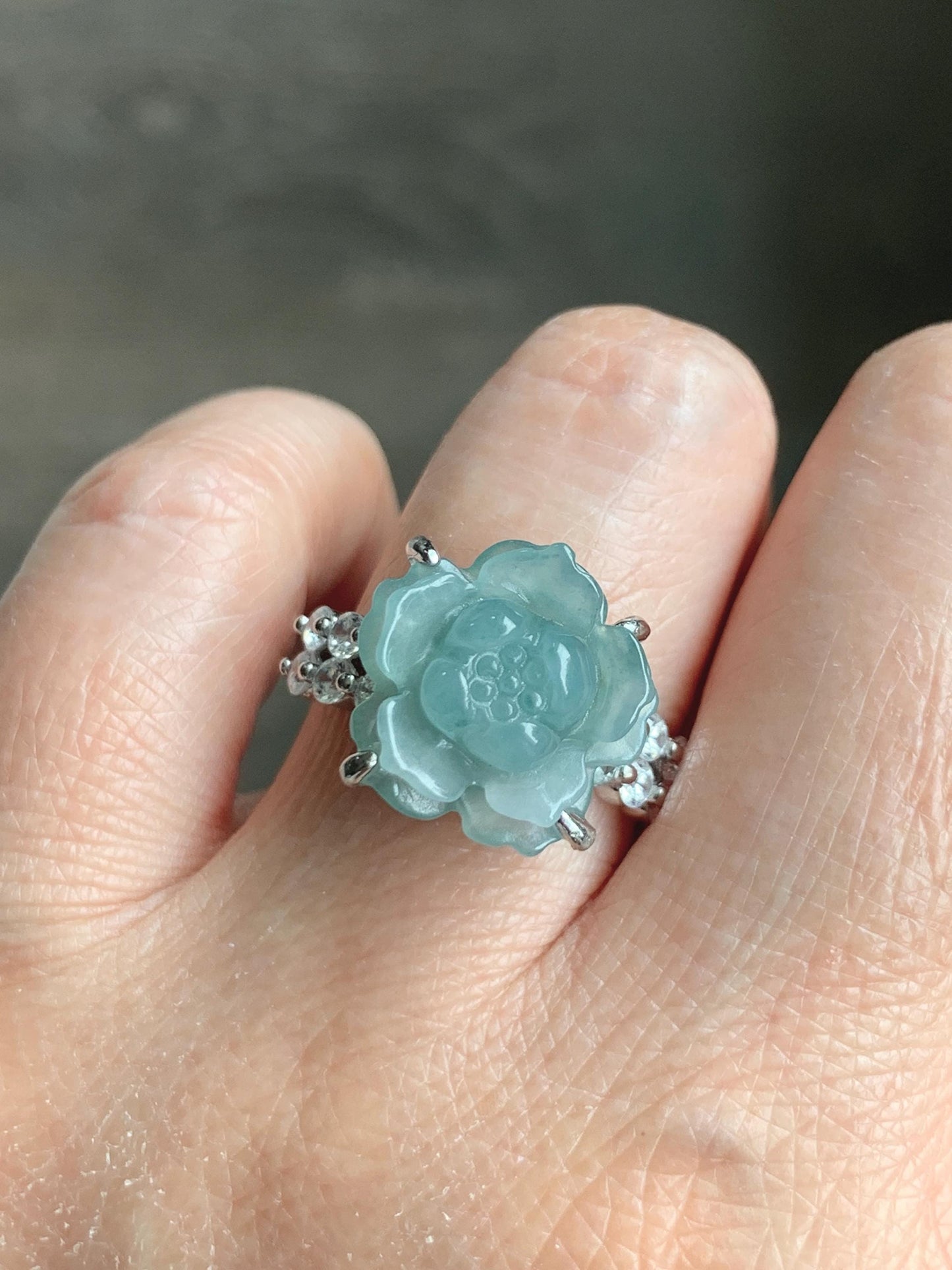 Natural Grade A Guatemalan Icy Dusty Teal Blue Jade Jadeite Lotus Flower Ring Sterling Silver Size Adjustable 4g 天然冰危浅蓝翡翠莲花戒指 WLY132I
