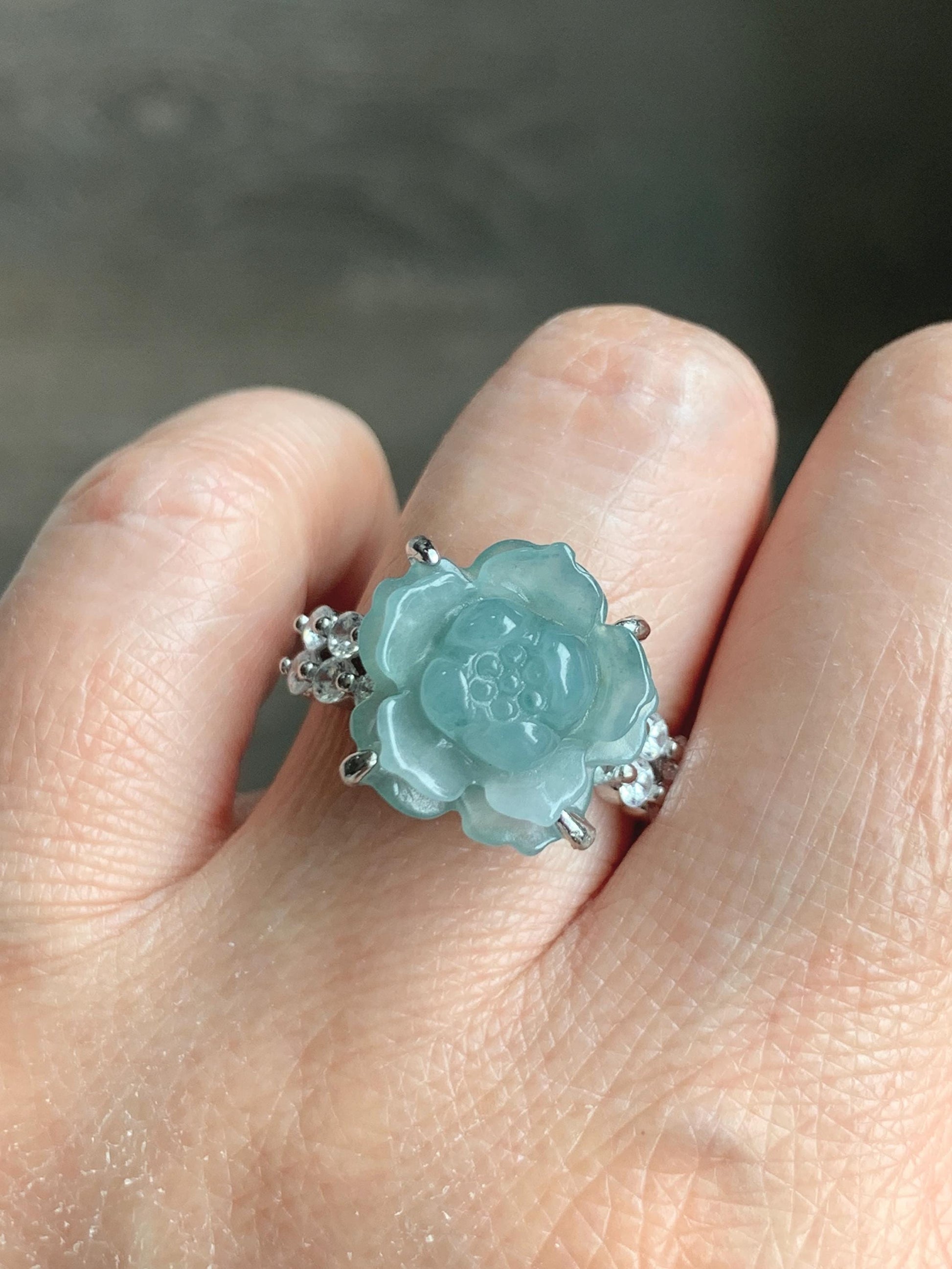 Natural Grade A Guatemalan Icy Dusty Teal Blue Jade Jadeite Lotus Flower Ring Sterling Silver Size Adjustable 4g 天然冰危浅蓝翡翠莲花戒指 WLY132I