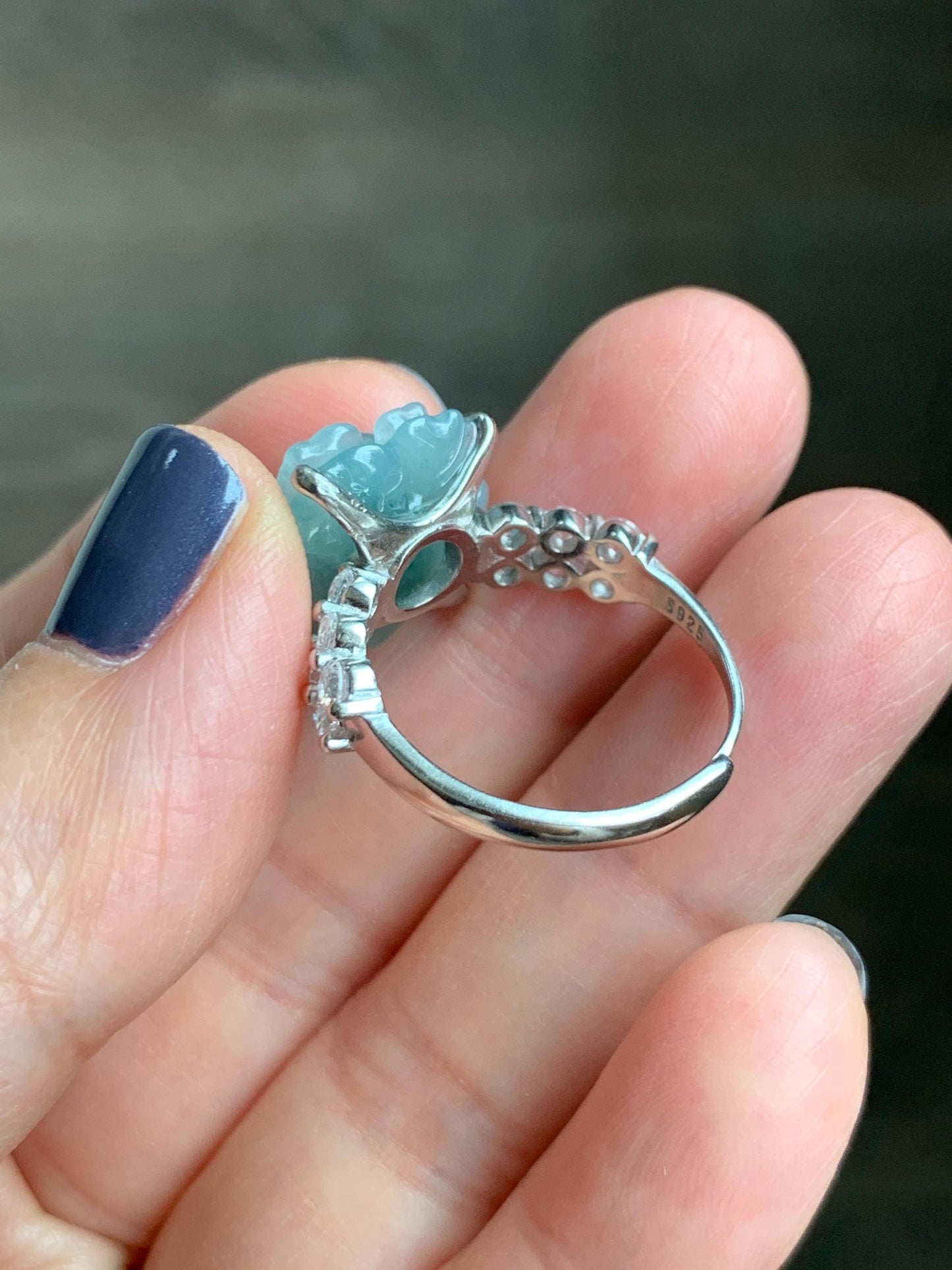 Natural Grade A Guatemalan Icy Dusty Teal Blue Jade Jadeite Lotus Flower Ring Sterling Silver Size Adjustable 4g 天然冰危浅蓝翡翠莲花戒指 WLY132I