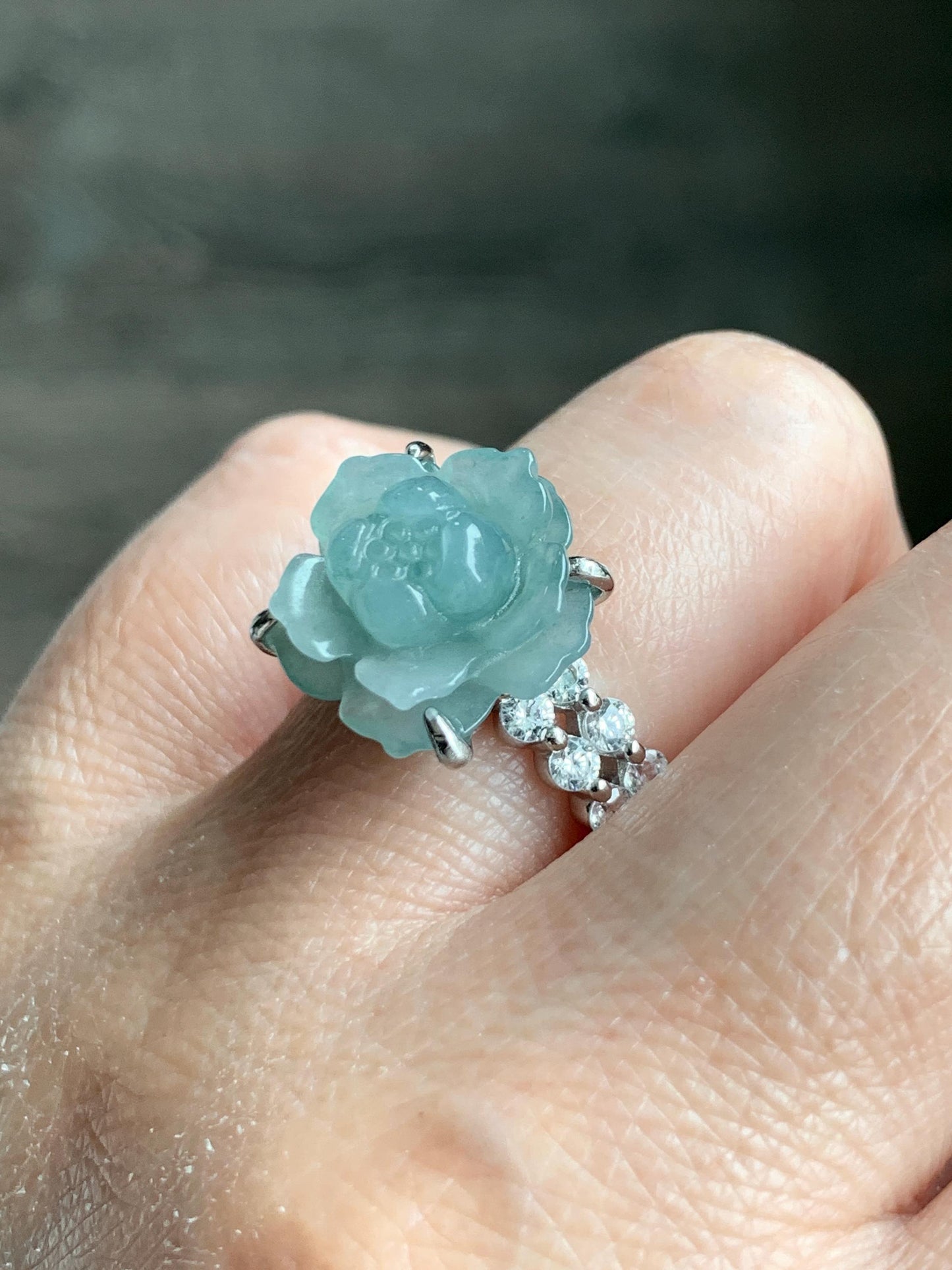 Natural Grade A Guatemalan Icy Dusty Teal Blue Jade Jadeite Lotus Flower Ring Sterling Silver Size Adjustable 4g 天然冰危浅蓝翡翠莲花戒指 WLY132I