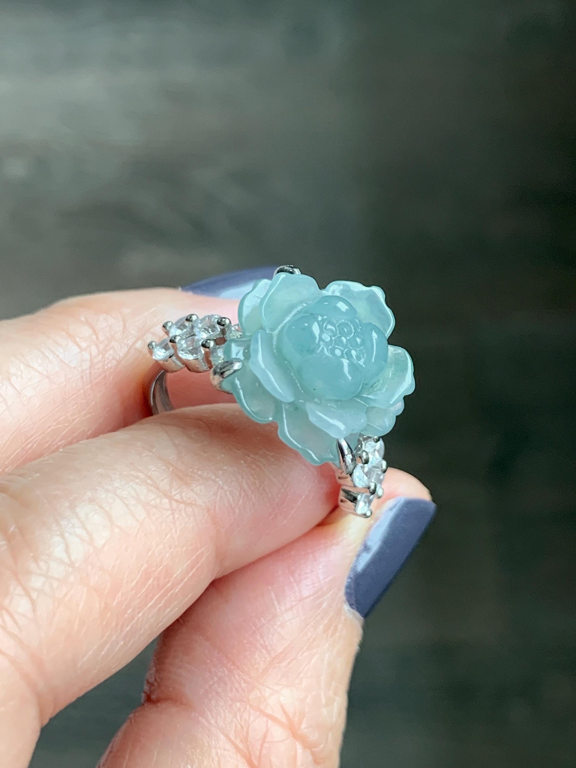 Natural Grade A Guatemalan Icy Dusty Teal Blue Jade Jadeite Lotus Flower Ring Sterling Silver Size Adjustable 4g 天然冰危浅蓝翡翠莲花戒指 WLY132I