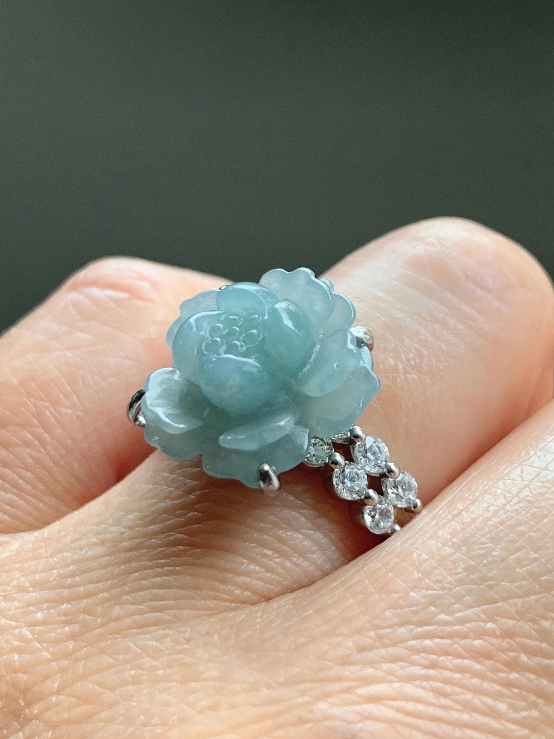 Natural Grade A Guatemalan Icy Light Dusty Blue Jade Jadeite Lotus Flower Ring Sterling Silver Size Adjustable 4g 天然冰危浅蓝翡翠莲花戒指 WLY132J