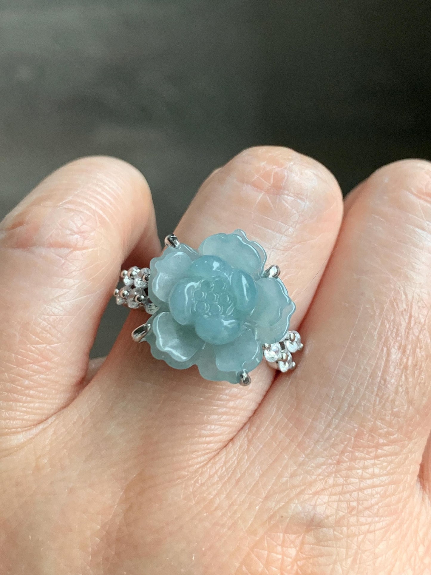 Natural Grade A Guatemalan Icy Light Dusty Blue Jade Jadeite Lotus Flower Ring Sterling Silver Size Adjustable 4g 天然冰危浅蓝翡翠莲花戒指 WLY132J