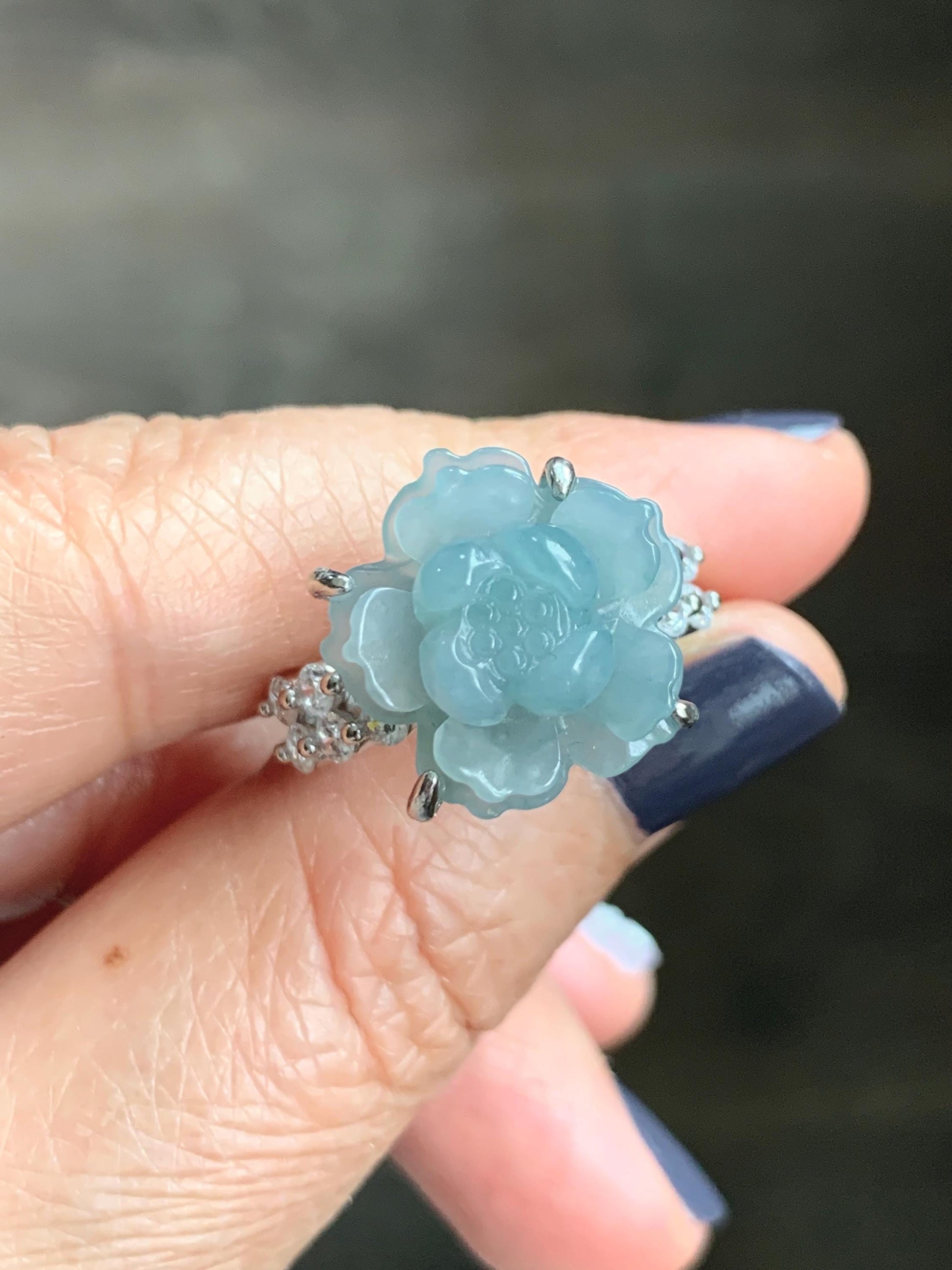 Natural Grade A Guatemalan Icy Light Dusty Blue Jade Jadeite Lotus Flower Ring Sterling Silver Size Adjustable 4g 天然冰危浅蓝翡翠莲花戒指 WLY132J