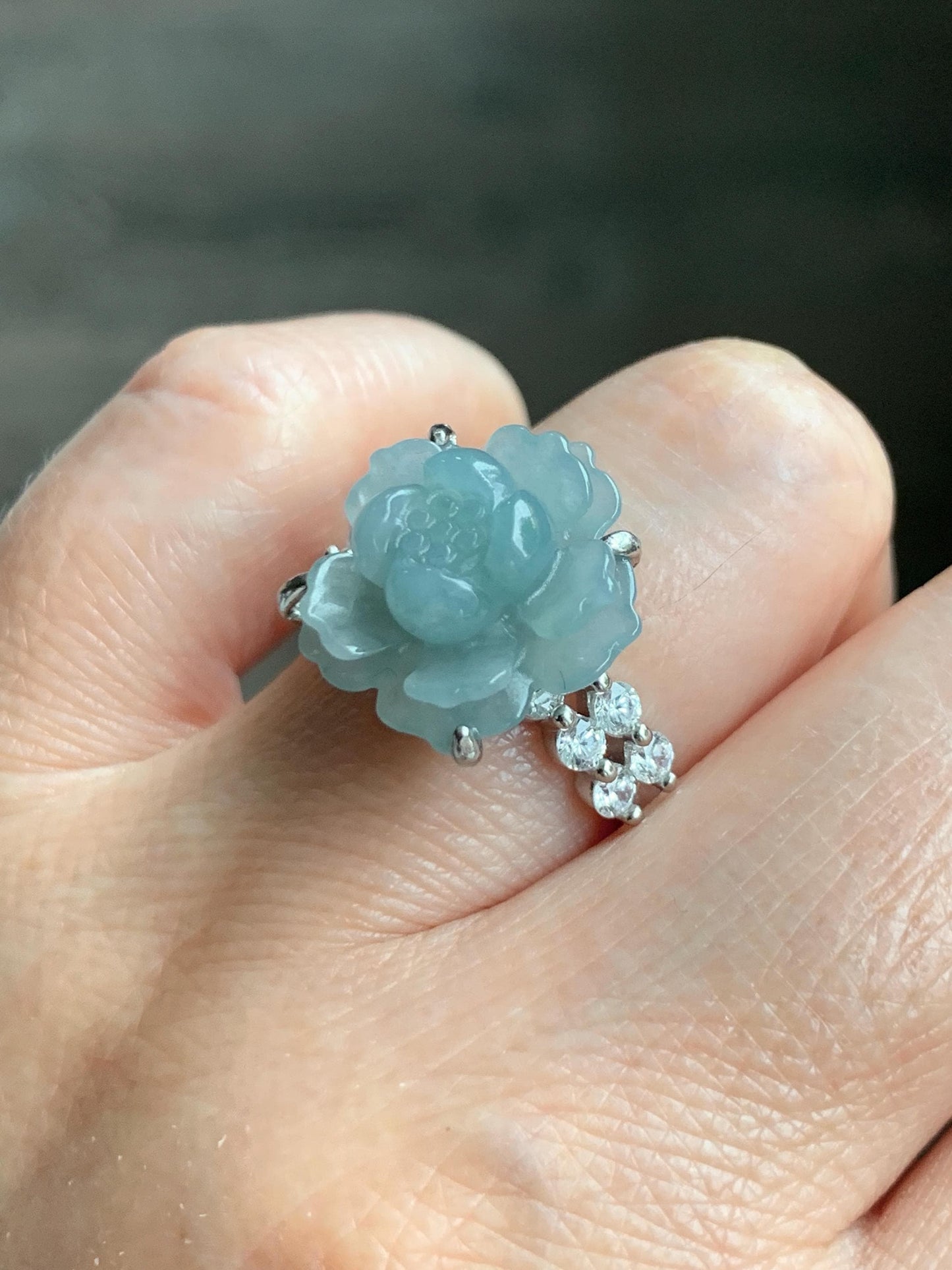 Natural Grade A Guatemalan Icy Light Dusty Blue Jade Jadeite Lotus Flower Ring Sterling Silver Size Adjustable 4g 天然冰危浅蓝翡翠莲花戒指 WLY132J