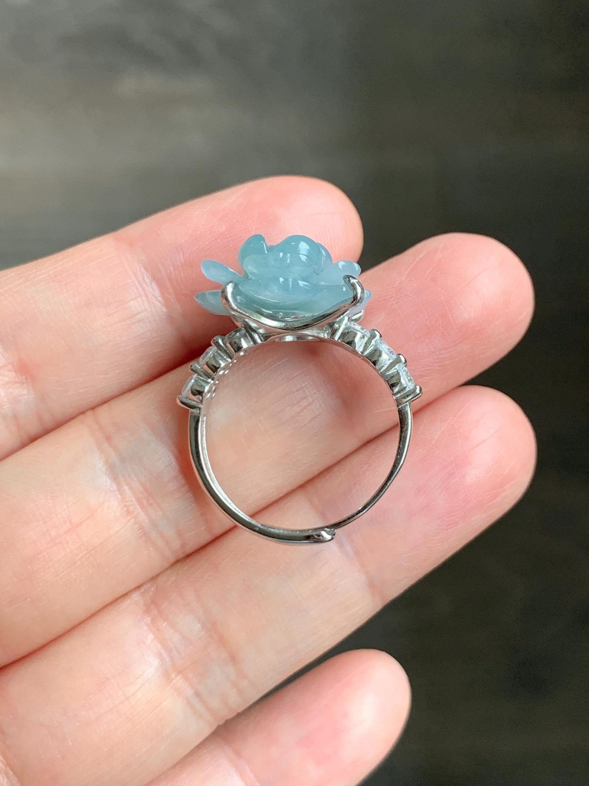 Natural Grade A Guatemalan Icy Light Dusty Blue Jade Jadeite Lotus Flower Ring Sterling Silver Size Adjustable 4g 天然冰危浅蓝翡翠莲花戒指 WLY132J