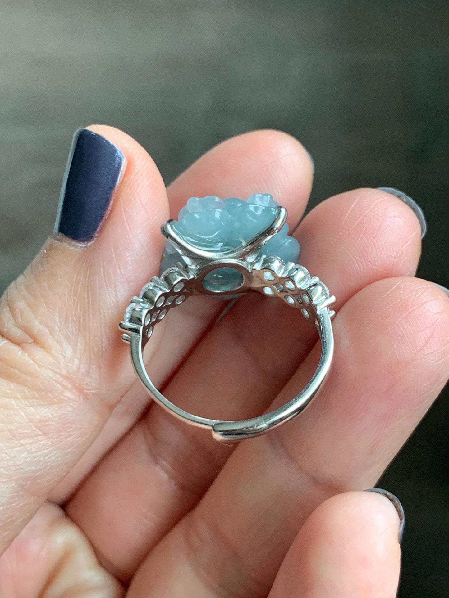 Natural Grade A Guatemalan Icy Light Dusty Blue Jade Jadeite Lotus Flower Ring Sterling Silver Size Adjustable 4g 天然冰危浅蓝翡翠莲花戒指 WLY132J