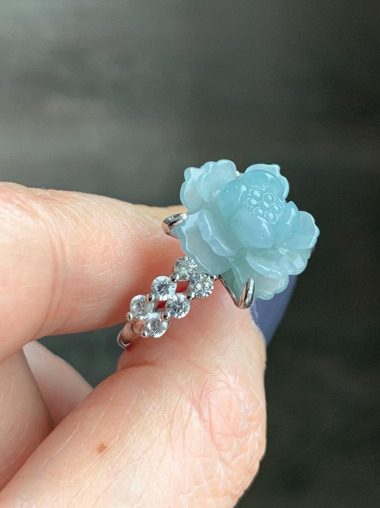 Natural Grade A Guatemalan Icy Light Dusty Blue Jade Jadeite Lotus Flower Ring Sterling Silver Size Adjustable 4g 天然冰危浅蓝翡翠莲花戒指 WLY132J