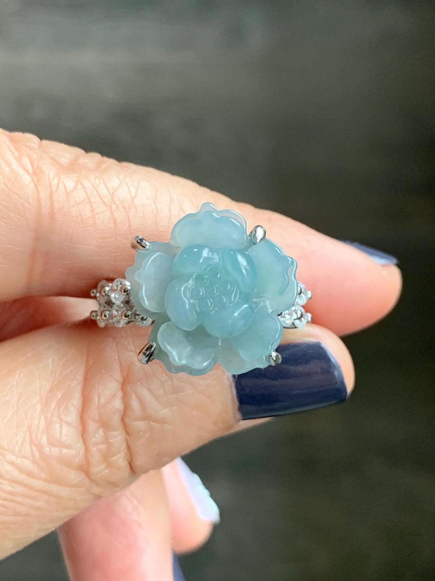 Natural Grade A Guatemalan Icy Light Dusty Blue Jade Jadeite Lotus Flower Ring Sterling Silver Size Adjustable 4g 天然冰危浅蓝翡翠莲花戒指 WLY132J