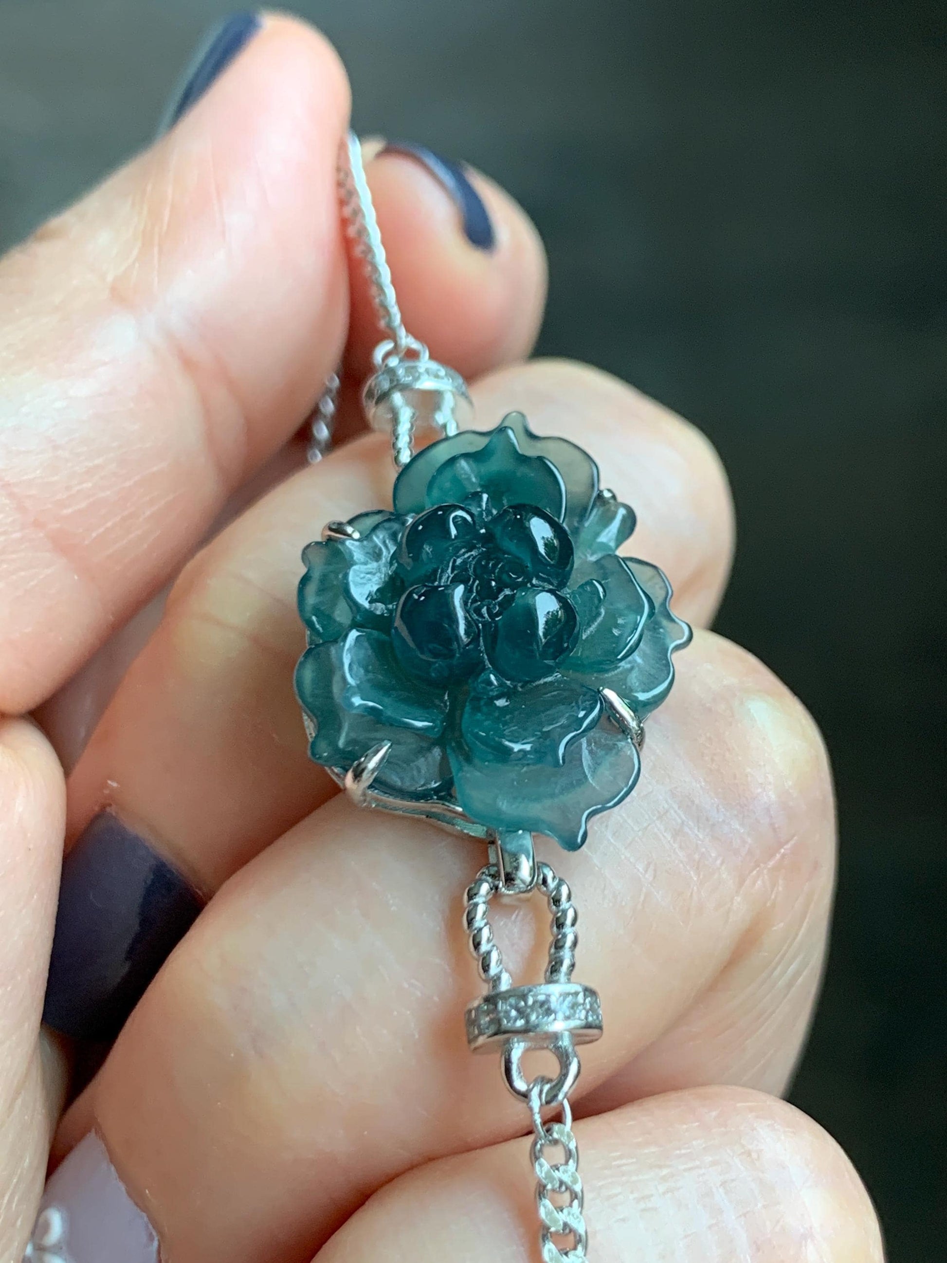 Natural Grade A Guatemalan Icy Dark Teal Blue Jade Jadeite Lotus Flower Chain Bracelet Sterling Silver 6.5”-7.5” 5g 天然冰危深蓝翡翠莲花银手链 WLY185A