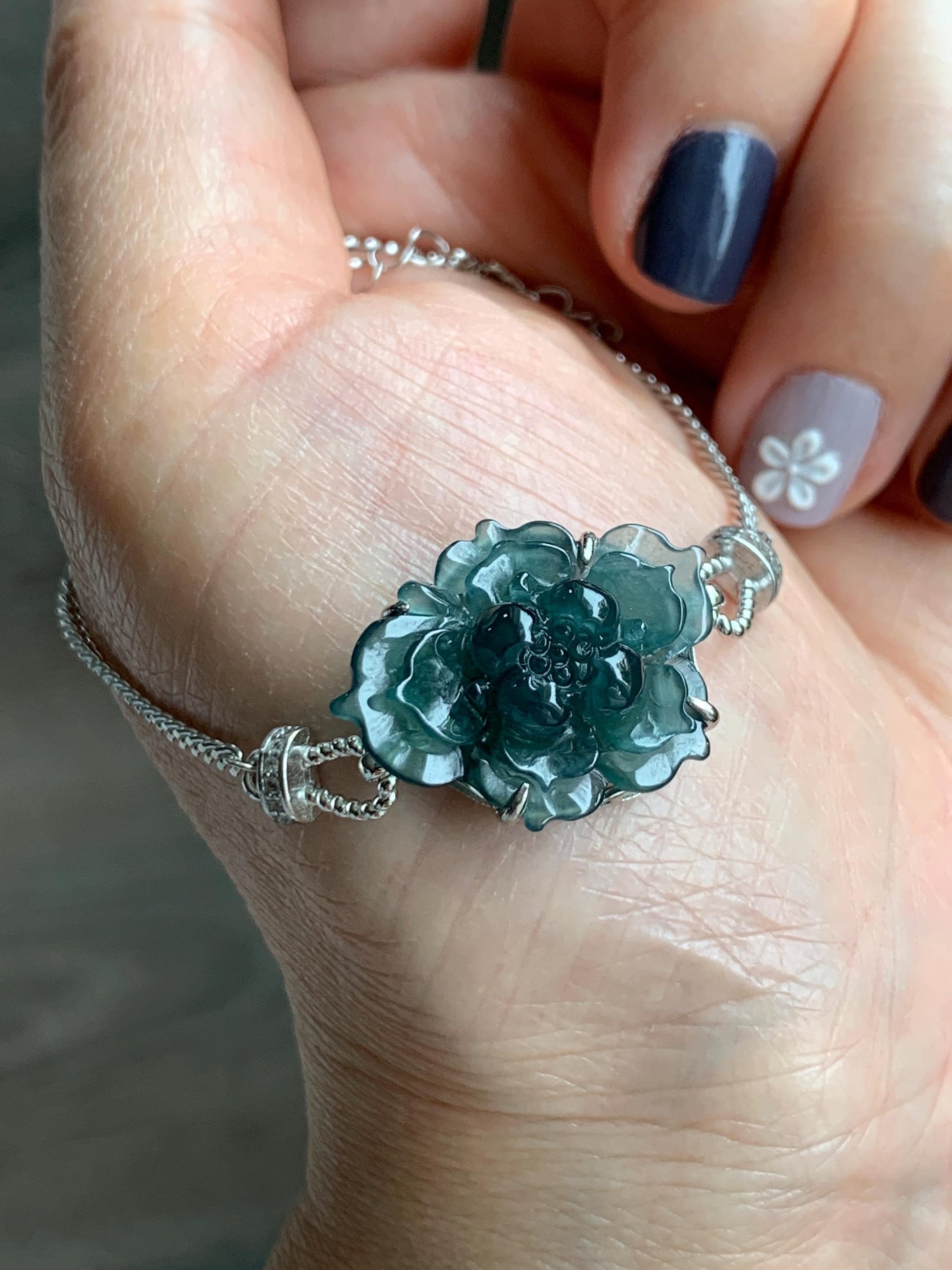 Natural Grade A Guatemalan Icy Dark Teal Blue Jade Jadeite Lotus Flower Chain Bracelet Sterling Silver 6.5”-7.5” 5g 天然冰危深蓝翡翠莲花银手链 WLY185A