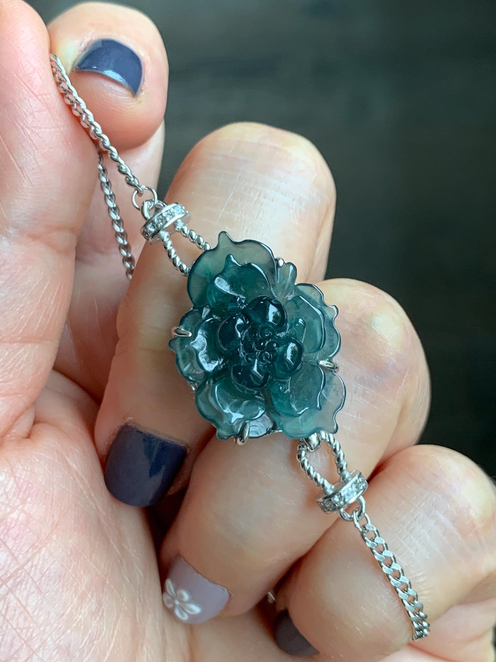 Natural Grade A Guatemalan Icy Dark Teal Blue Jade Jadeite Lotus Flower Chain Bracelet Sterling Silver 6.5”-7.5” 5g 天然冰危深蓝翡翠莲花银手链 WLY185A
