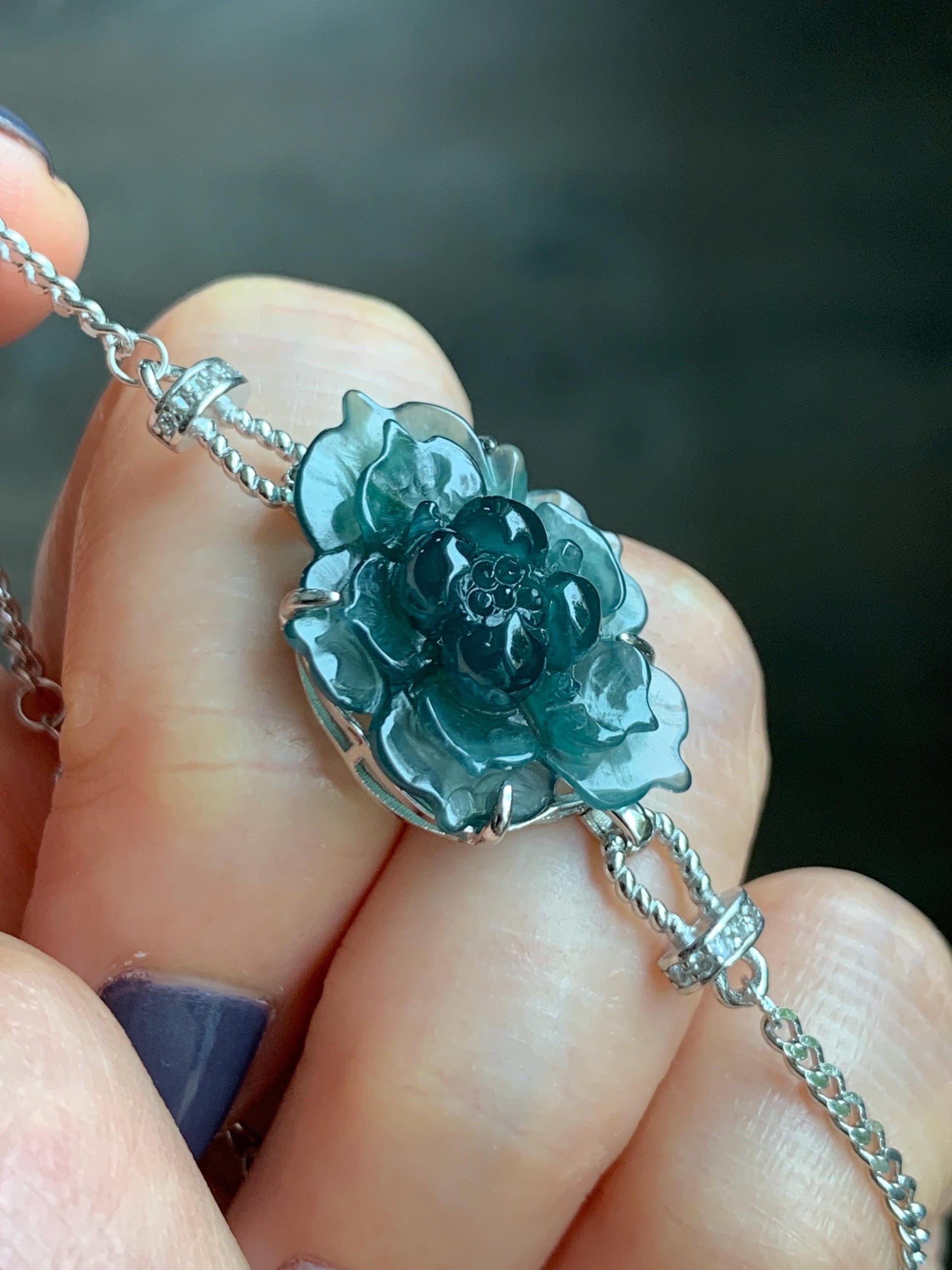 Natural Grade A Guatemalan Icy Dark Teal Blue Jade Jadeite Lotus Flower Chain Bracelet Sterling Silver 6.5”-7.5” 5g 天然冰危深蓝翡翠莲花银手链 WLY185A