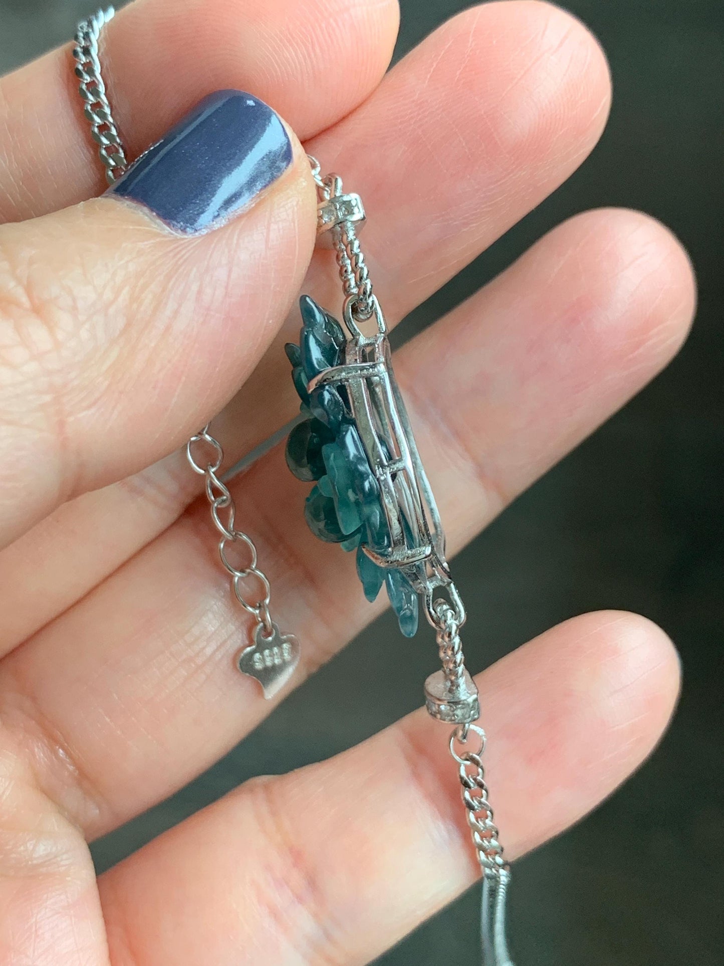 Natural Grade A Guatemalan Icy Dark Teal Blue Jade Jadeite Lotus Flower Chain Bracelet Sterling Silver 6.5”-7.5” 5g 天然冰危深蓝翡翠莲花银手链 WLY185A