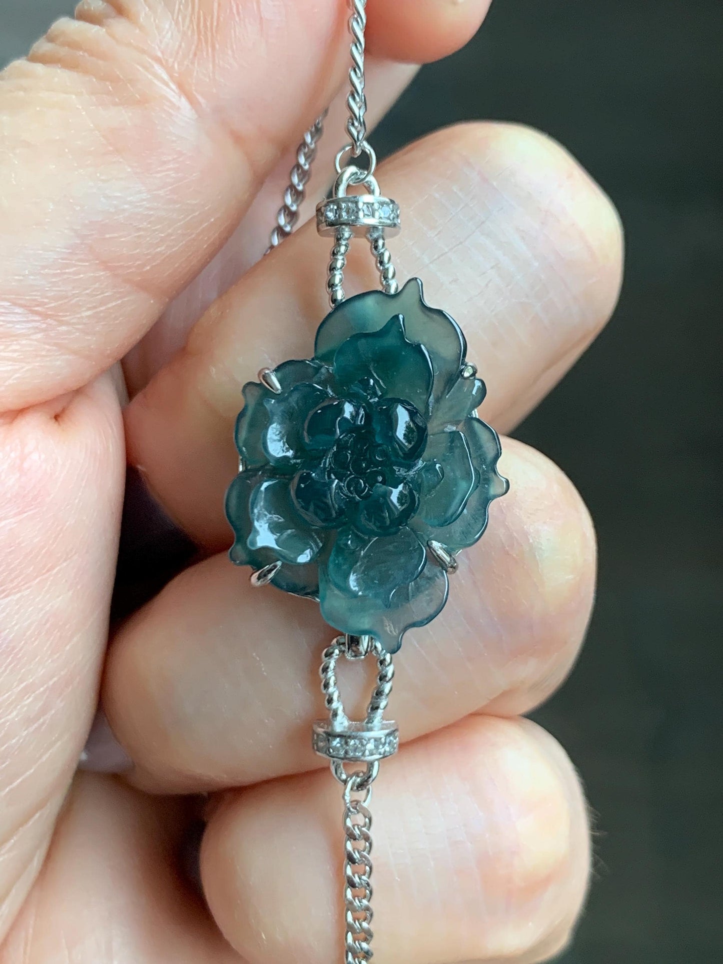 Natural Grade A Guatemalan Icy Dark Teal Blue Jade Jadeite Lotus Flower Chain Bracelet Sterling Silver 6.5”-7.5” 5g 天然冰危深蓝翡翠莲花银手链 WLY185A