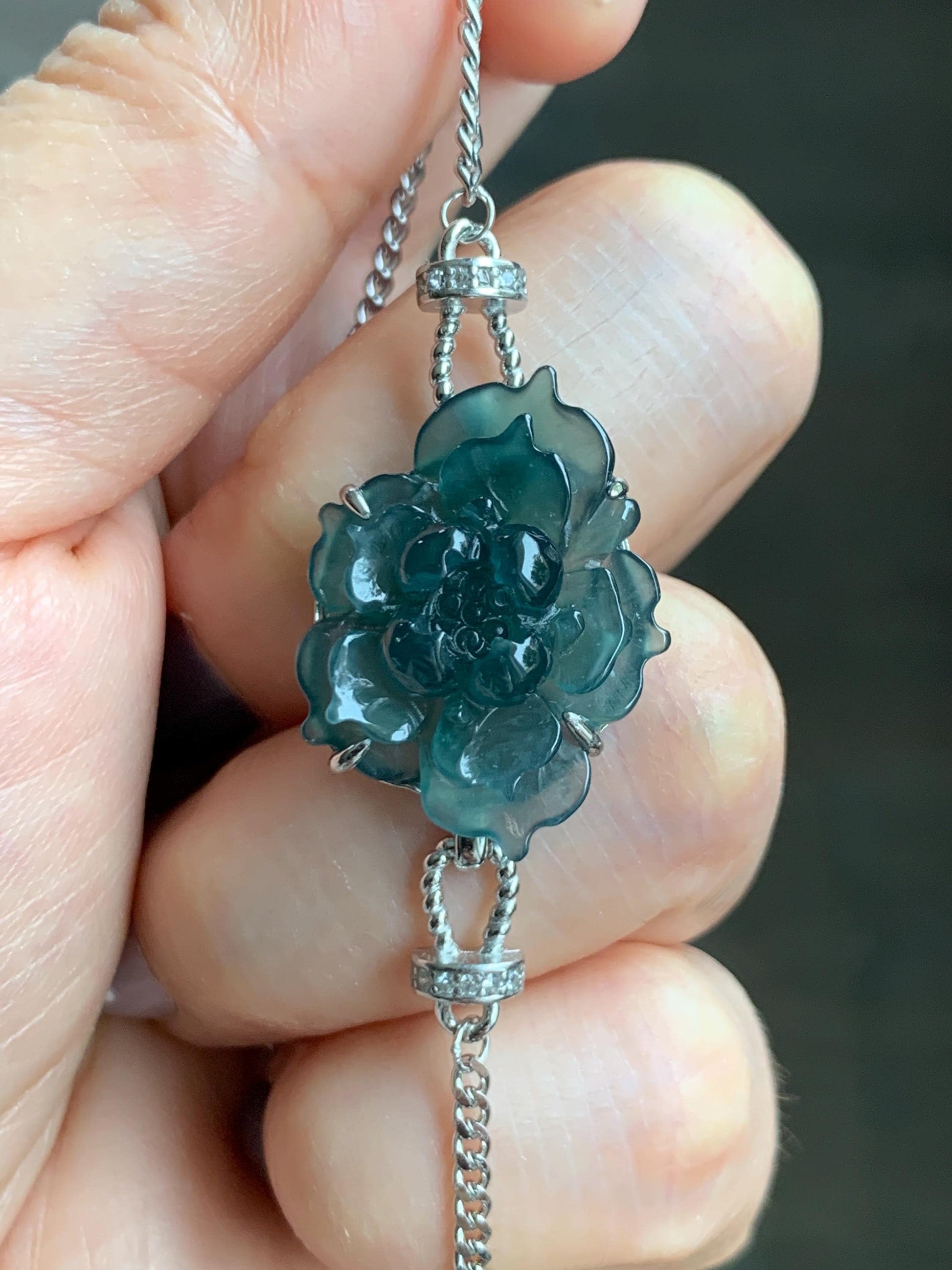 Natural Grade A Guatemalan Icy Dark Teal Blue Jade Jadeite Lotus Flower Chain Bracelet Sterling Silver 6.5”-7.5” 5g 天然冰危深蓝翡翠莲花银手链 WLY185A