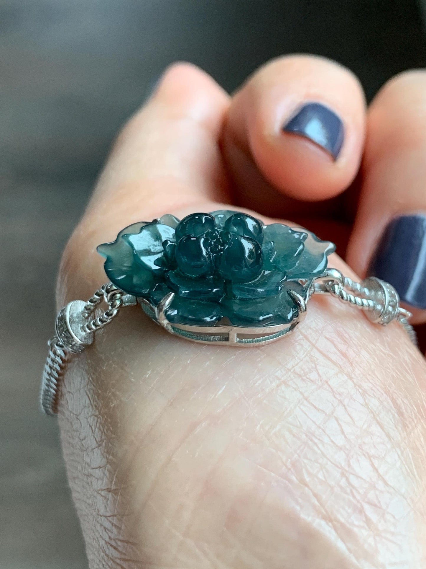 Natural Grade A Guatemalan Icy Dark Teal Blue Jade Jadeite Lotus Flower Chain Bracelet Sterling Silver 6.5”-7.5” 5g 天然冰危深蓝翡翠莲花银手链 WLY185A