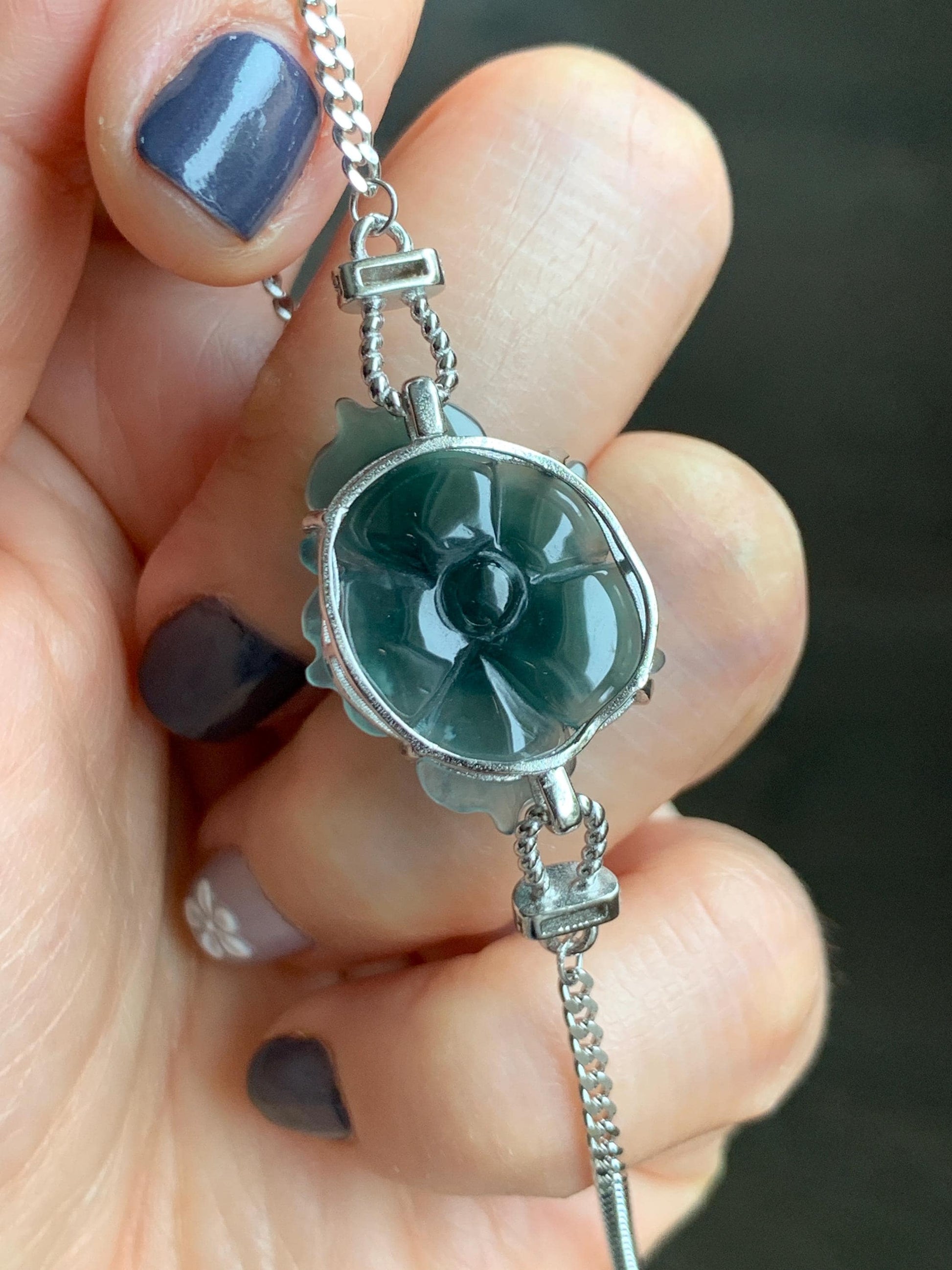 Natural Grade A Guatemalan Icy Dark Teal Blue Jade Jadeite Lotus Flower Chain Bracelet Sterling Silver 6.5”-7.5” 5g 天然冰危深蓝翡翠莲花银手链 WLY185A