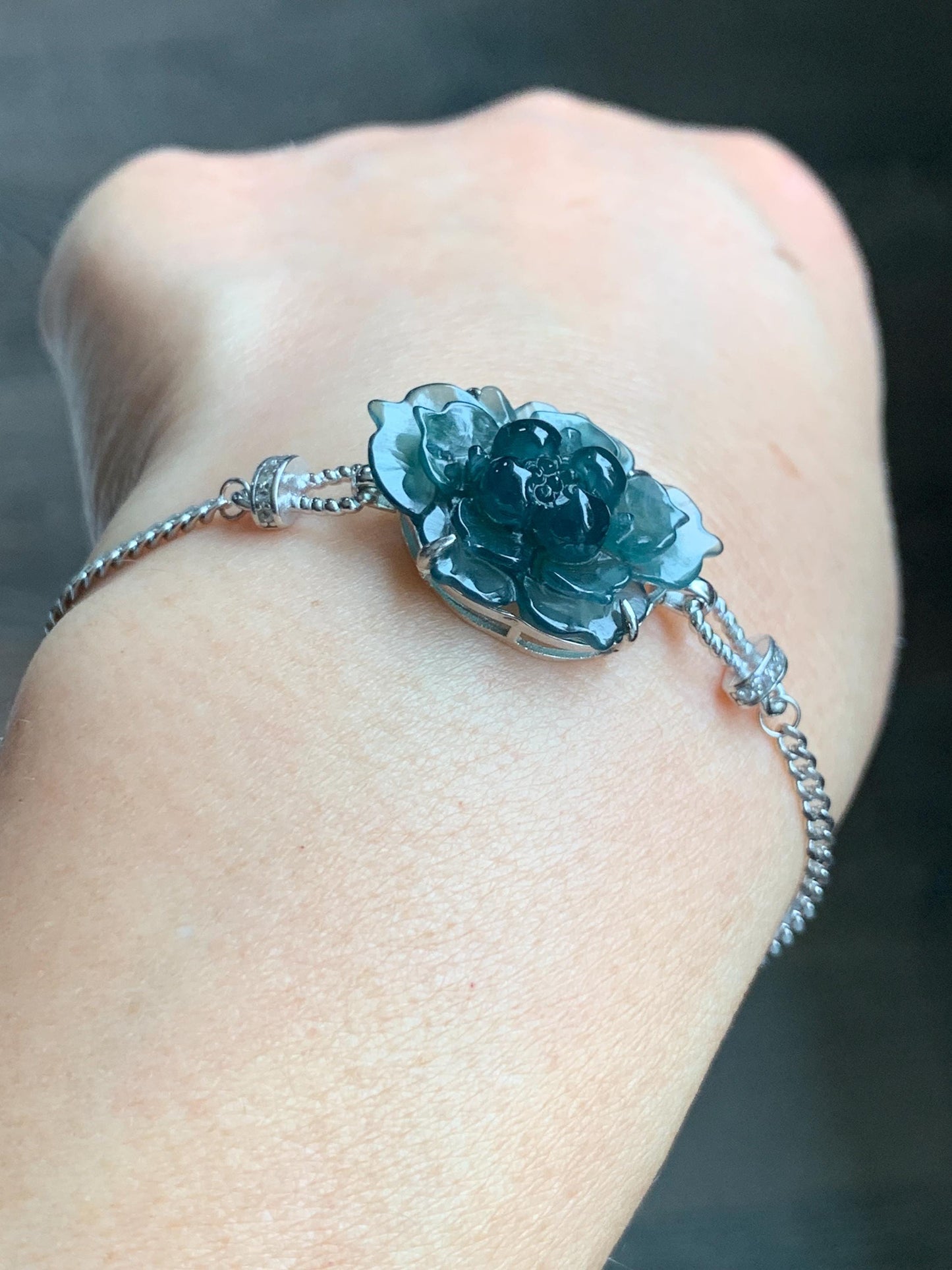 Natural Grade A Guatemalan Icy Dark Teal Blue Jade Jadeite Lotus Flower Chain Bracelet Sterling Silver 6.5”-7.5” 5g 天然冰危深蓝翡翠莲花银手链 WLY185A