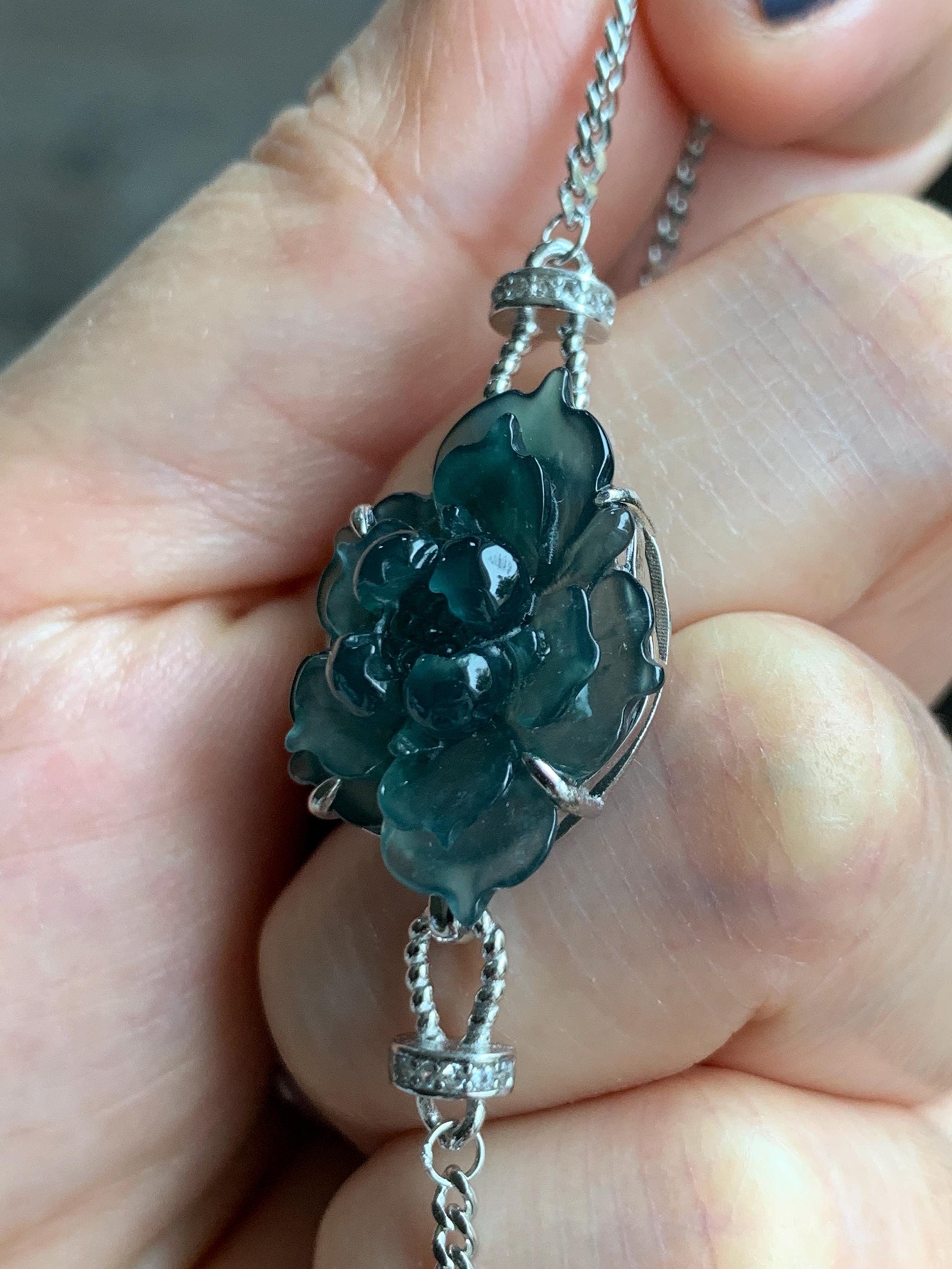 Natural Grade A Guatemalan Icy Dark Teal Blue Jade Jadeite Lotus Flower Chain Bracelet Sterling Silver 6.5”-7.5” 5g 天然冰危深蓝翡翠莲花银手链 WLY185A