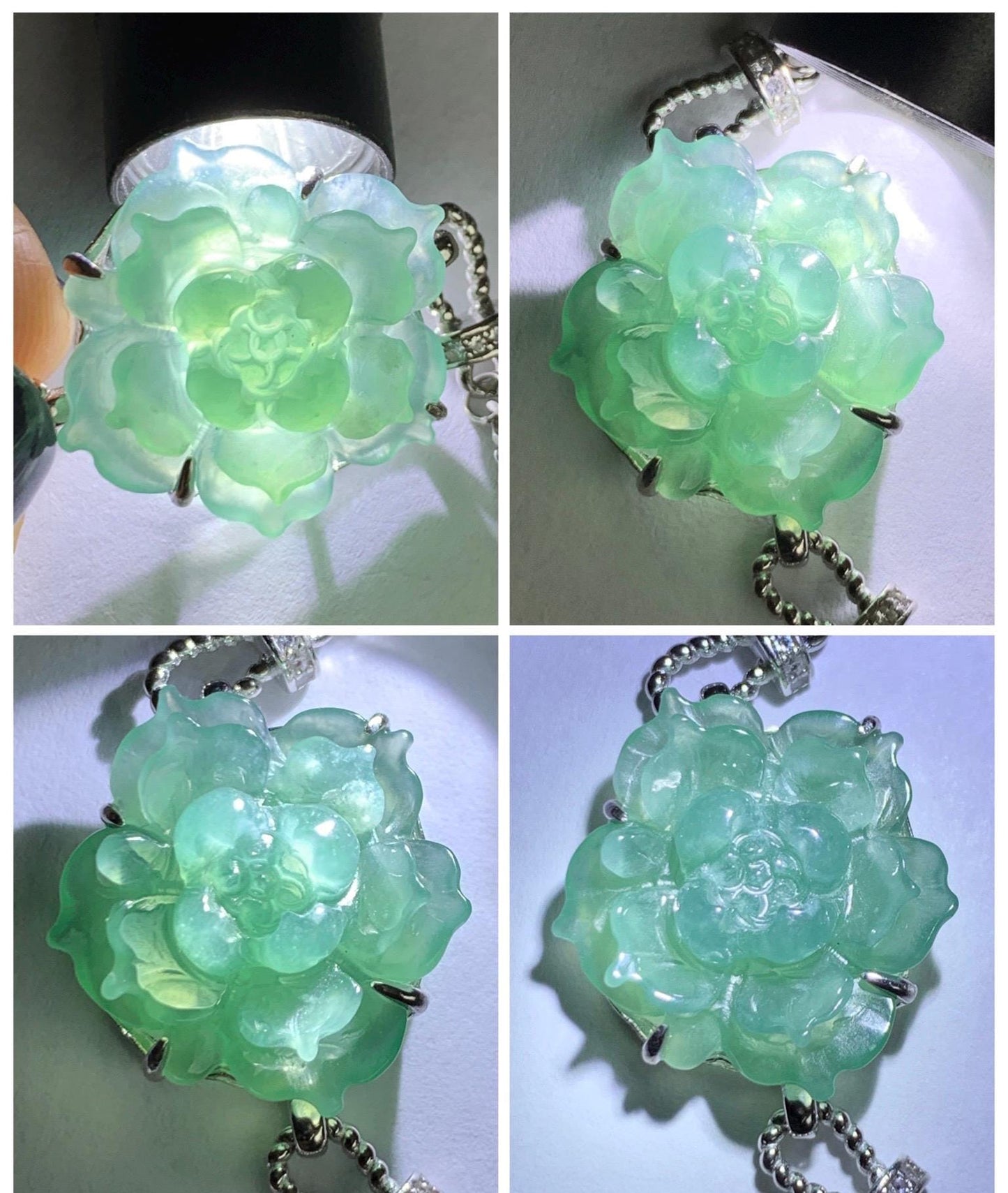 Natural Grade A Guatemalan Icy Dusty Teal Green Jade Jadeite Lotus Flower Chain Bracelet Sterling Silver 6.5”-7.5” 5g 天然冰危深蓝绿翡翠莲花银手链 WLY185B