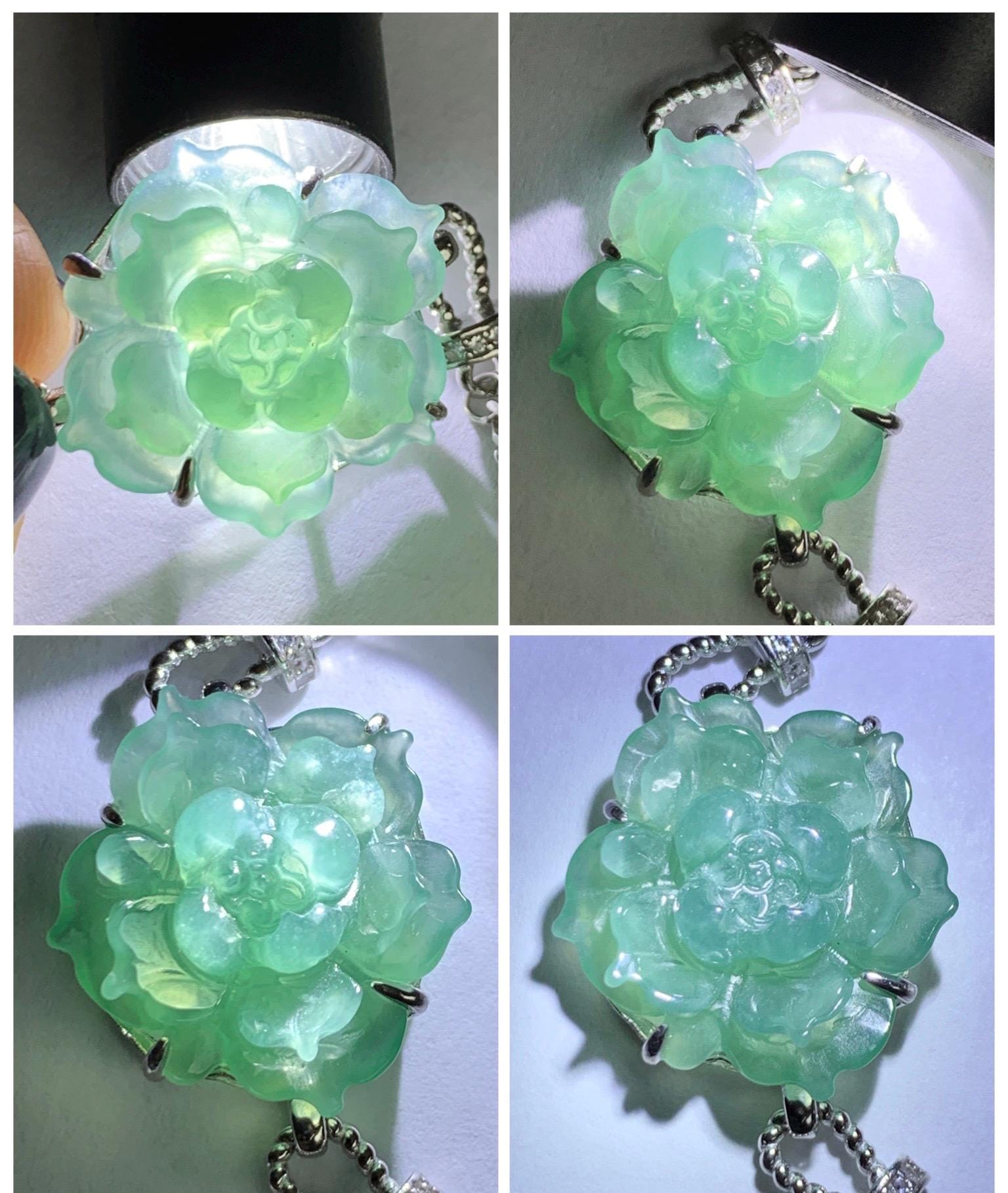 Natural Grade A Guatemalan Icy Dusty Teal Green Jade Jadeite Lotus Flower Chain Bracelet Sterling Silver 6.5”-7.5” 5g 天然冰危深蓝绿翡翠莲花银手链 WLY185B