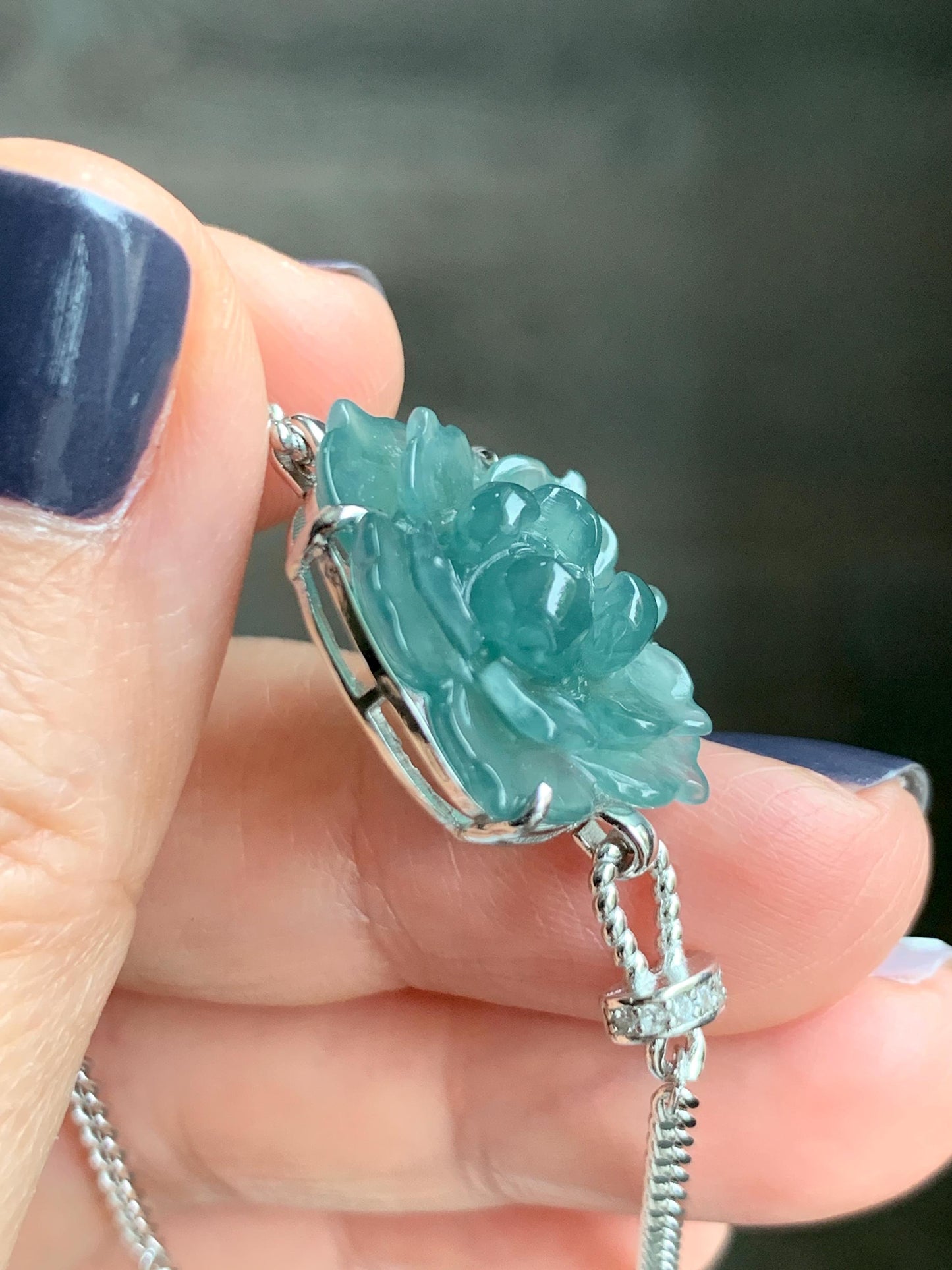 Natural Grade A Guatemalan Icy Dusty Teal Green Jade Jadeite Lotus Flower Chain Bracelet Sterling Silver 6.5”-7.5” 5g 天然冰危深蓝绿翡翠莲花银手链 WLY185B