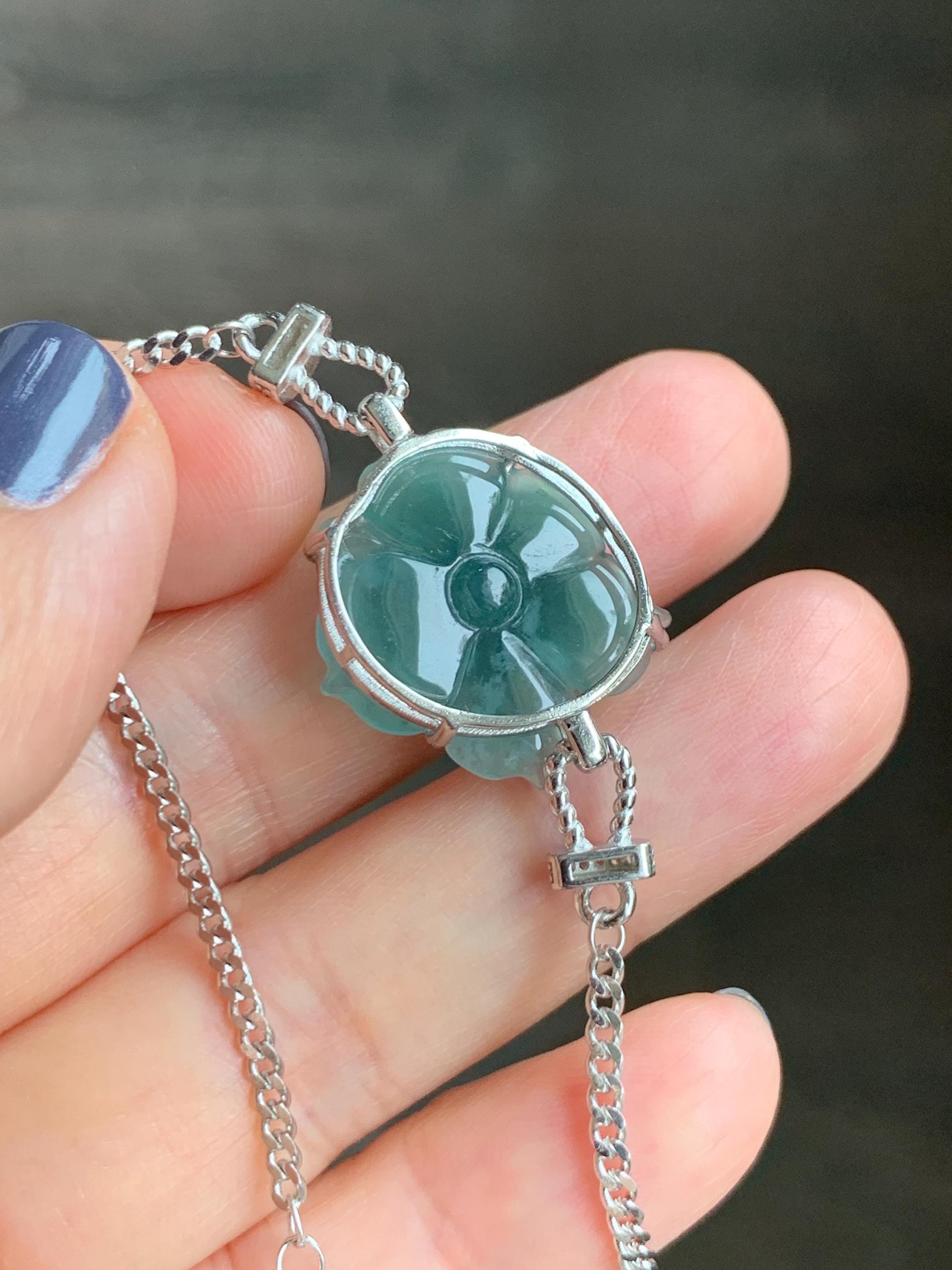 Natural Grade A Guatemalan Icy Dusty Teal Green Jade Jadeite Lotus Flower Chain Bracelet Sterling Silver 6.5”-7.5” 5g 天然冰危深蓝绿翡翠莲花银手链 WLY185B