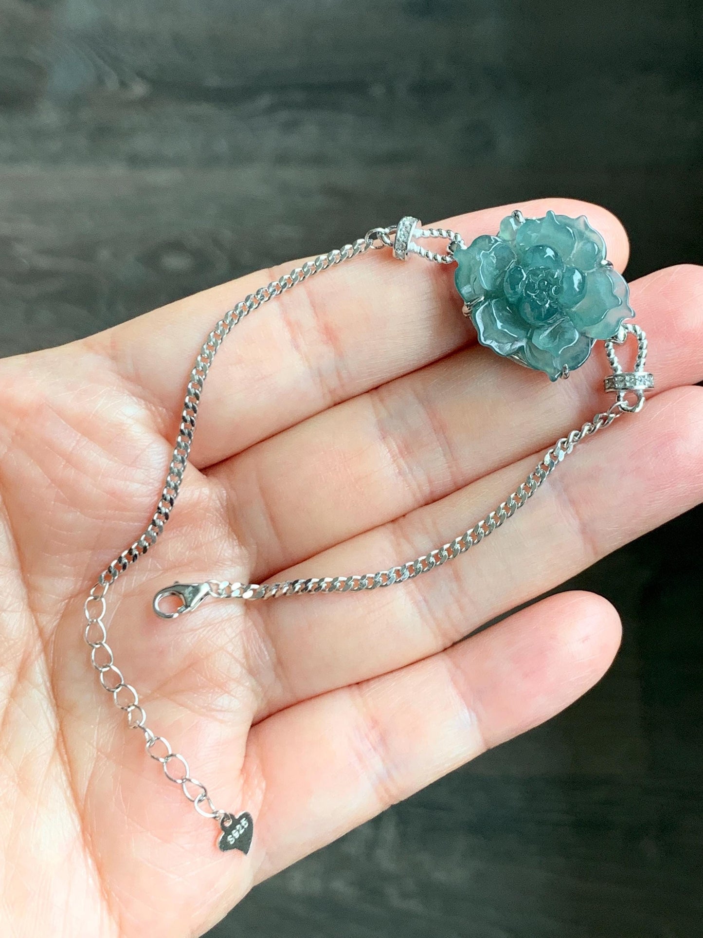 Natural Grade A Guatemalan Icy Dusty Teal Green Jade Jadeite Lotus Flower Chain Bracelet Sterling Silver 6.5”-7.5” 5g 天然冰危深蓝绿翡翠莲花银手链 WLY185B