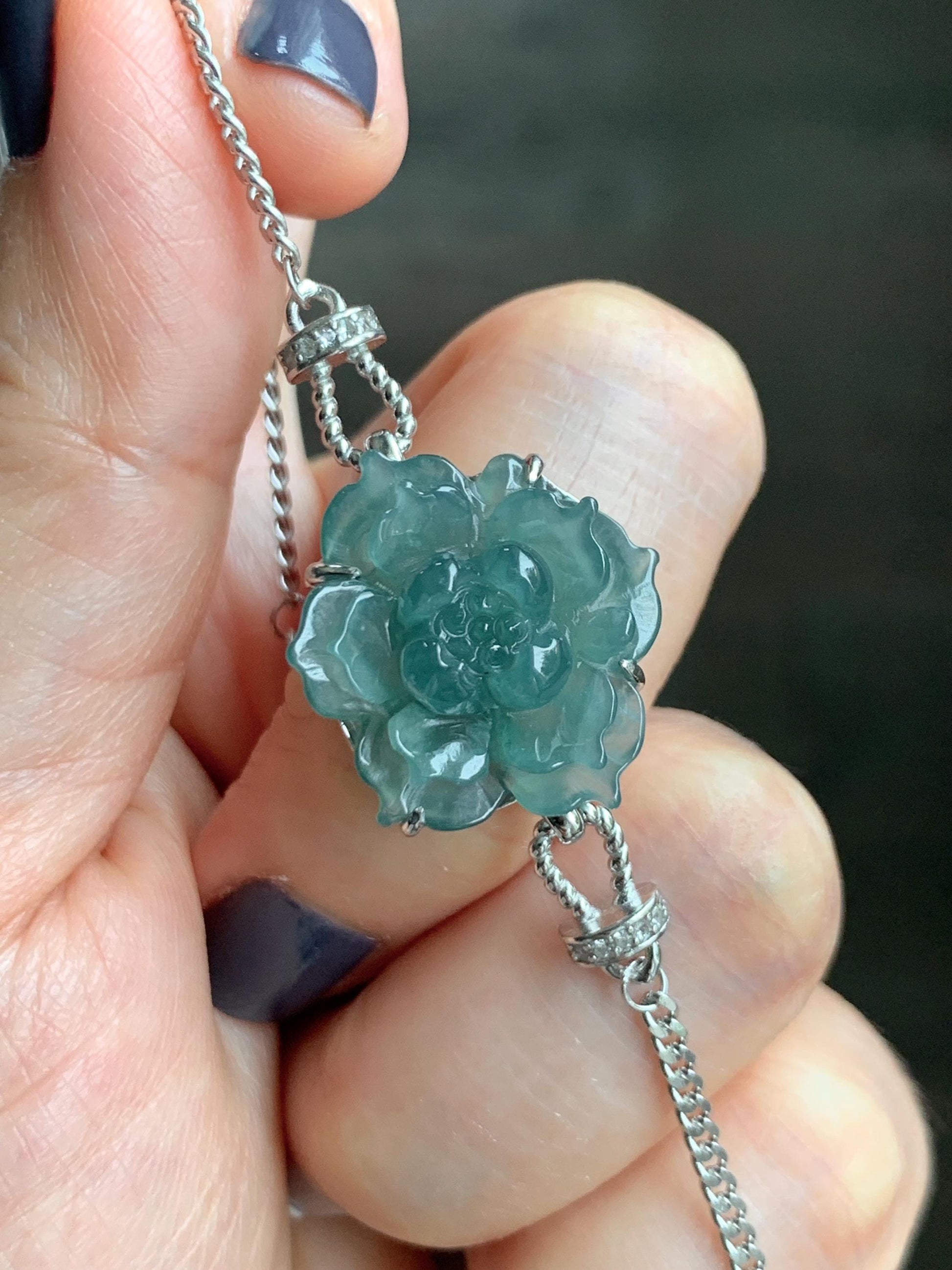 Natural Grade A Guatemalan Icy Dusty Teal Green Jade Jadeite Lotus Flower Chain Bracelet Sterling Silver 6.5”-7.5” 5g 天然冰危深蓝绿翡翠莲花银手链 WLY185B