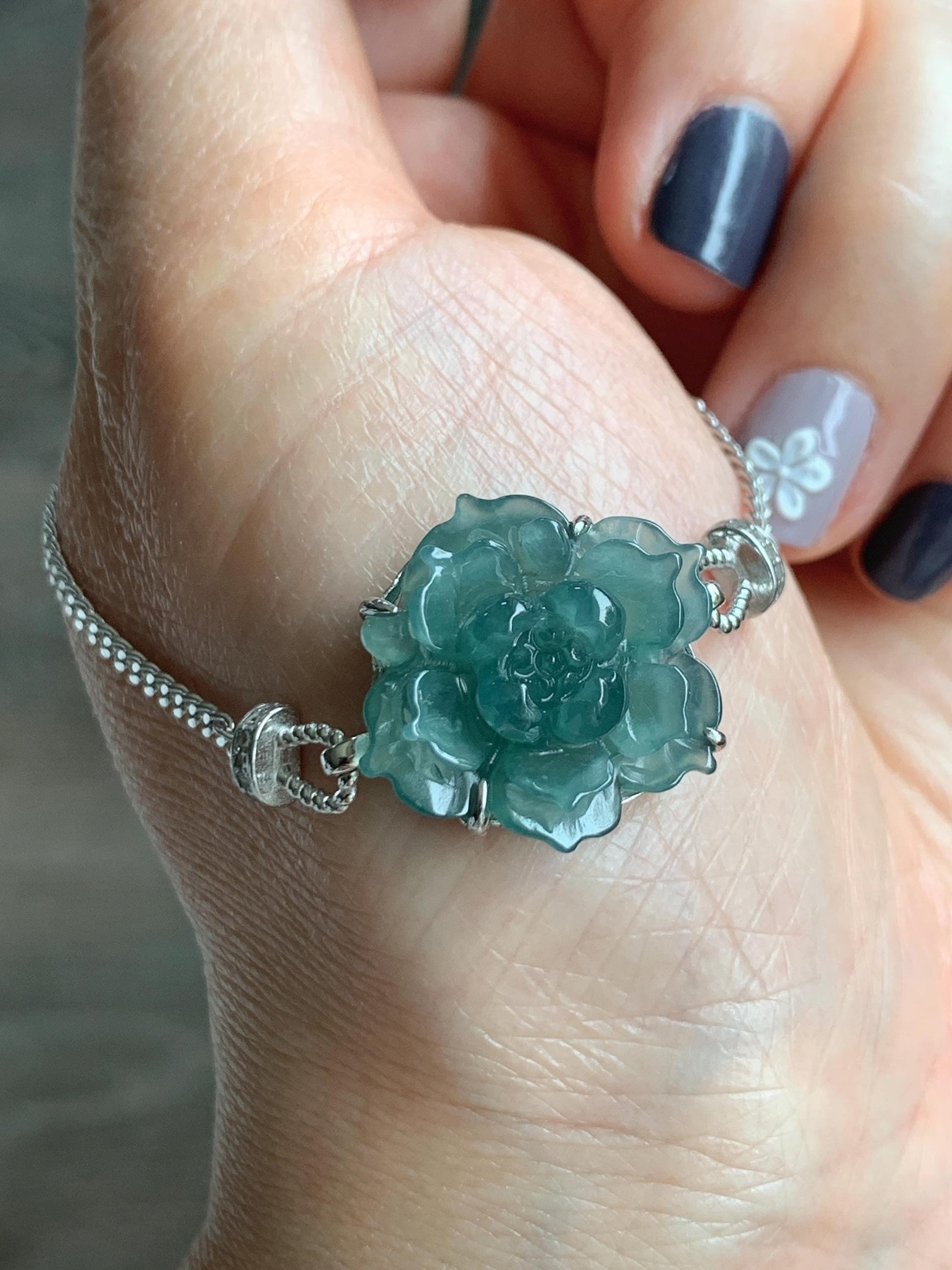 Natural Grade A Guatemalan Icy Dusty Teal Green Jade Jadeite Lotus Flower Chain Bracelet Sterling Silver 6.5”-7.5” 5g 天然冰危深蓝绿翡翠莲花银手链 WLY185B