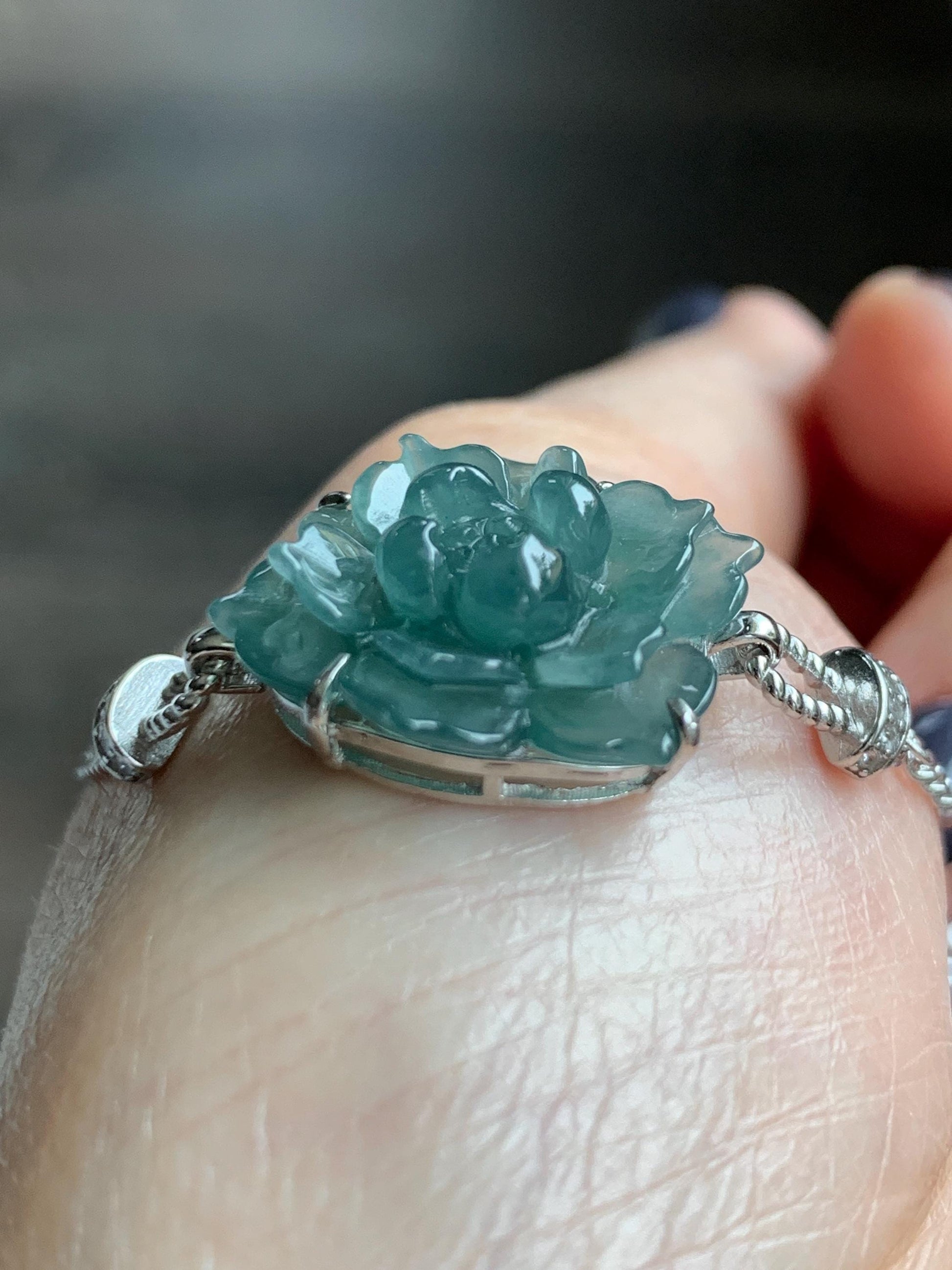 Natural Grade A Guatemalan Icy Dusty Teal Green Jade Jadeite Lotus Flower Chain Bracelet Sterling Silver 6.5”-7.5” 5g 天然冰危深蓝绿翡翠莲花银手链 WLY185B