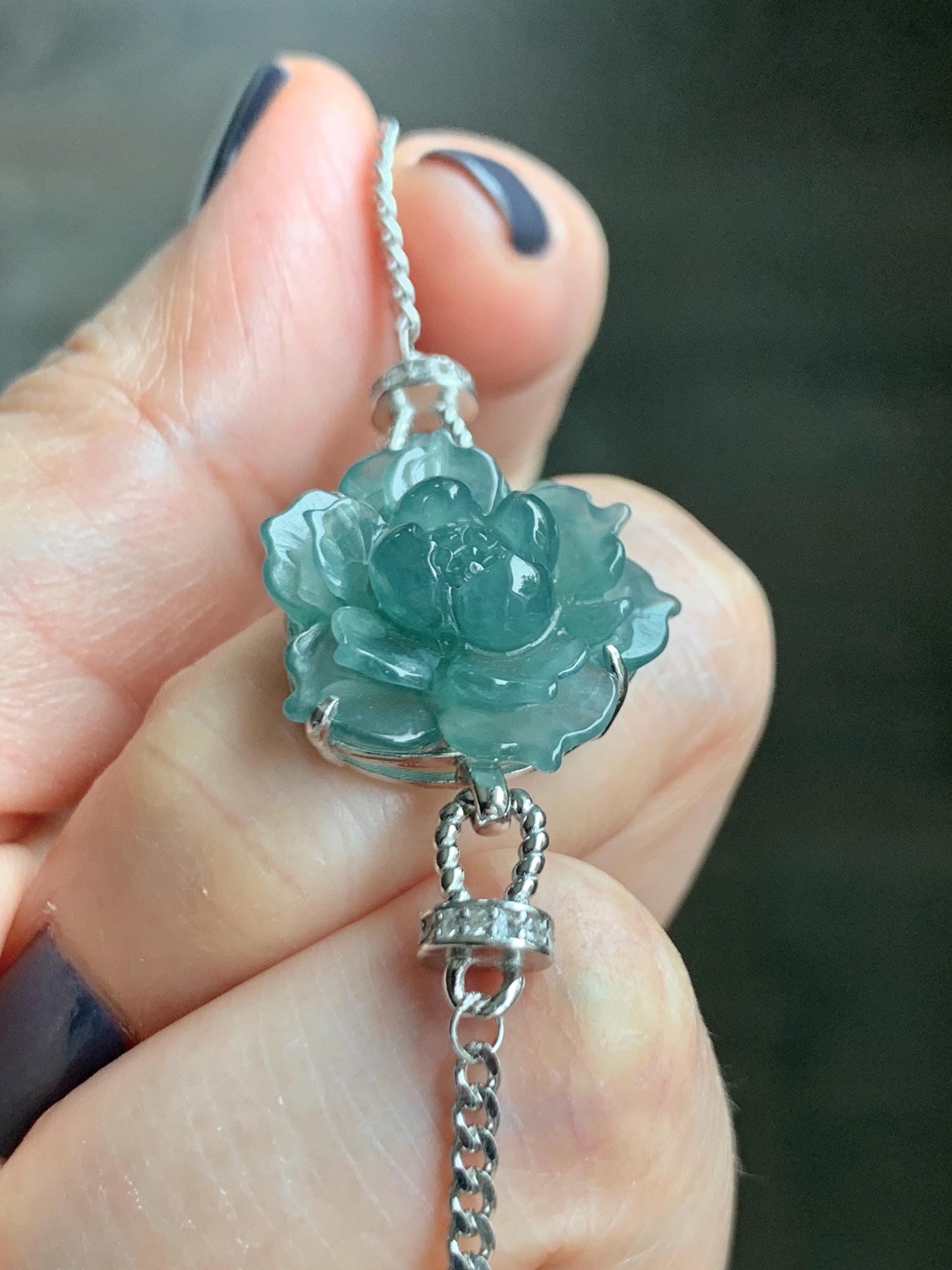 Natural Grade A Guatemalan Icy Dusty Teal Green Jade Jadeite Lotus Flower Chain Bracelet Sterling Silver 6.5”-7.5” 5g 天然冰危深蓝绿翡翠莲花银手链 WLY185B