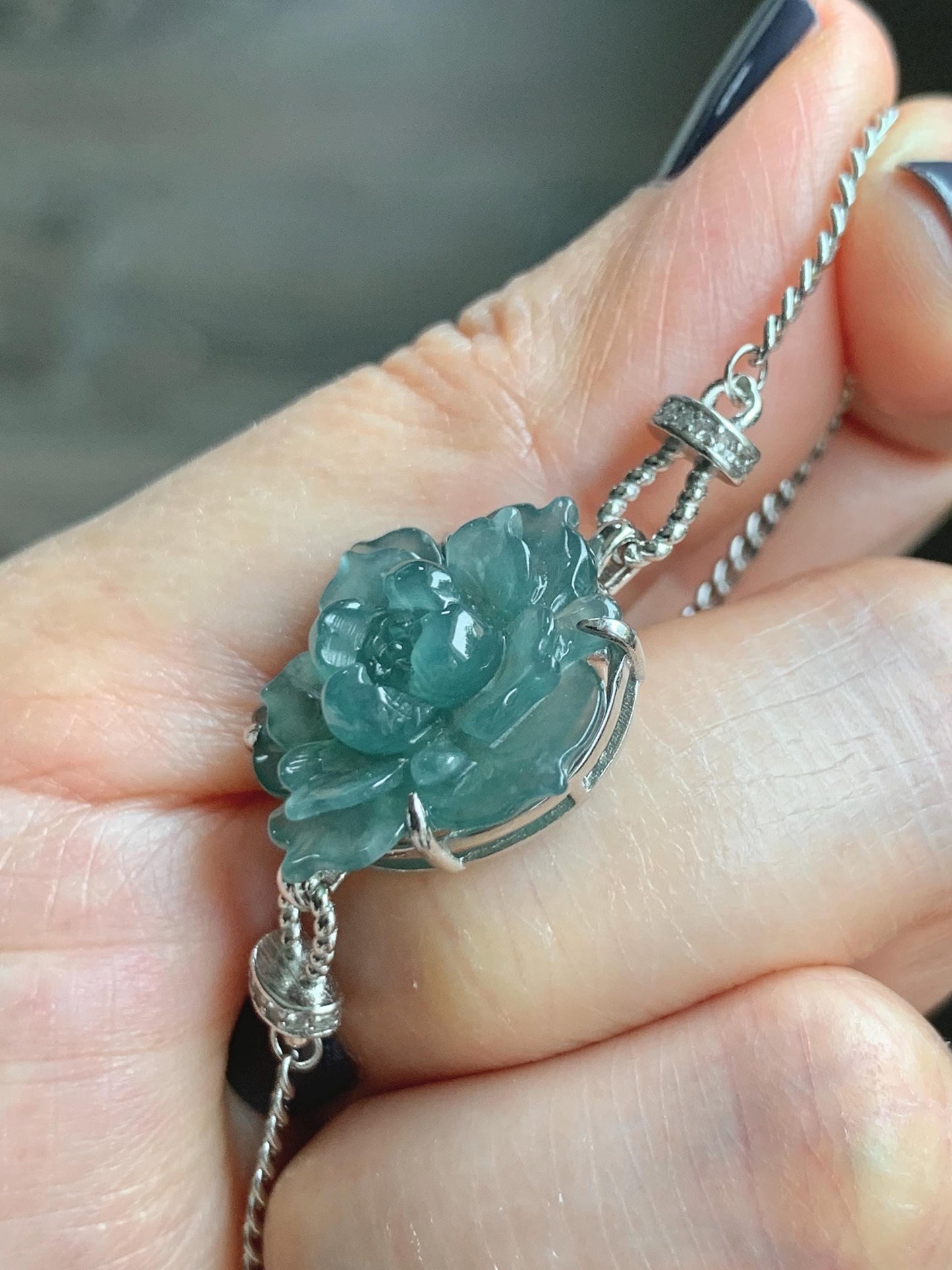 Natural Grade A Guatemalan Icy Dusty Teal Green Jade Jadeite Lotus Flower Chain Bracelet Sterling Silver 6.5”-7.5” 5g 天然冰危深蓝绿翡翠莲花银手链 WLY185B