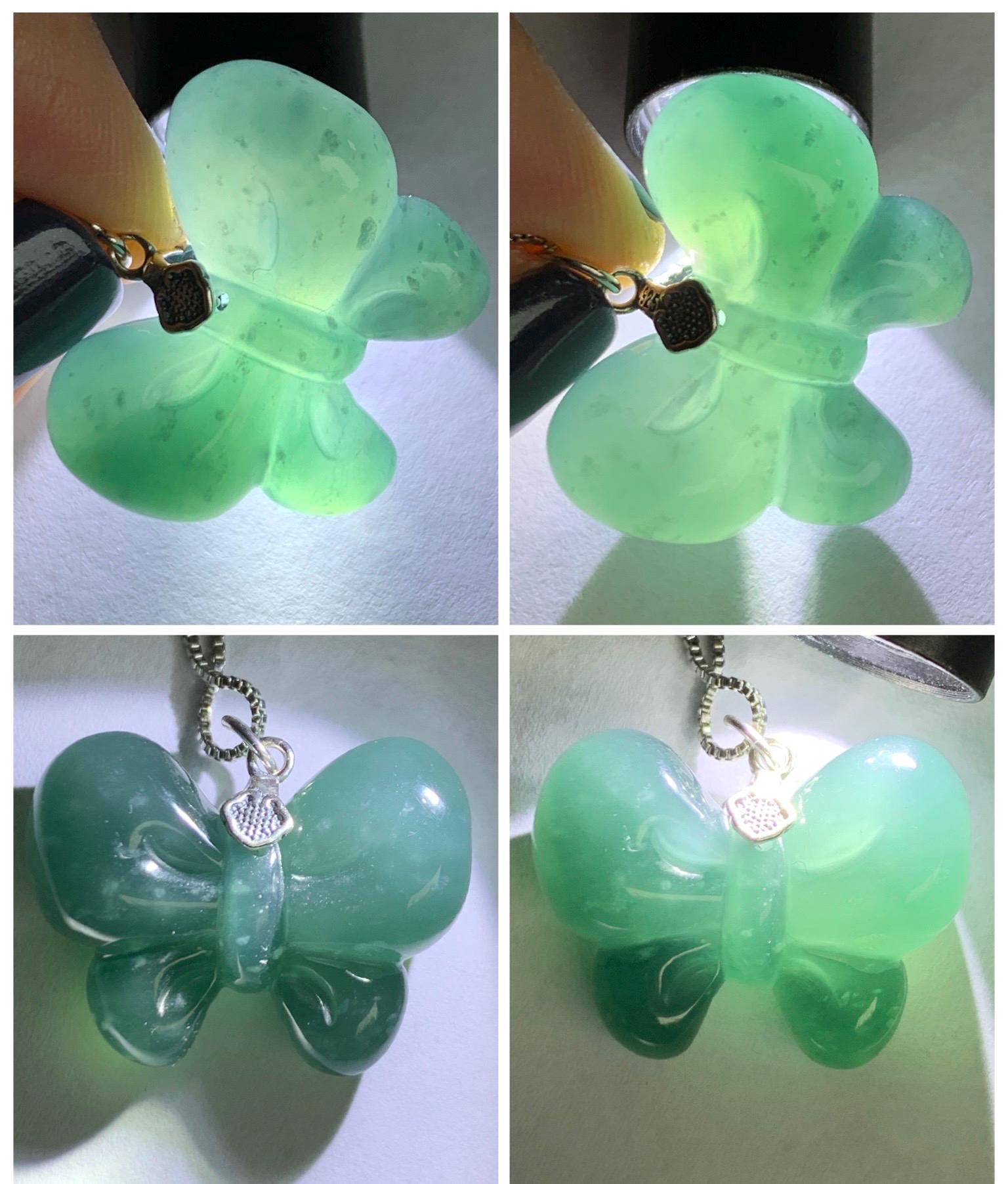 Natural Grade A Guatemalan Icy Translucent Dark Teal Blue Jade Jadeite Puffy Bow Pendant Sterling Silver 8g 天然冰危深蓝翡翠蝴蝶结吊坠 WHD220A