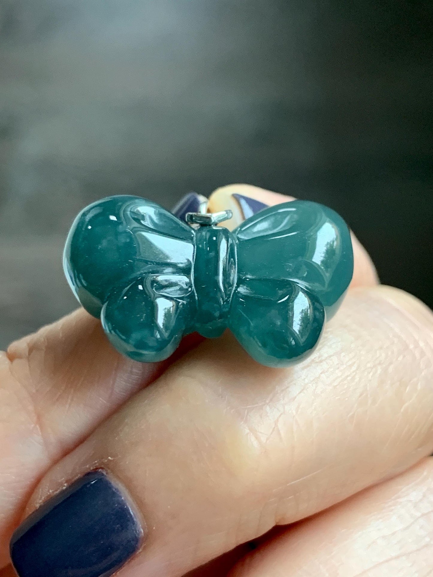 Natural Grade A Guatemalan Icy Translucent Dark Teal Blue Jade Jadeite Puffy Bow Pendant Sterling Silver 8g 天然冰危深蓝翡翠蝴蝶结吊坠 WHD220A