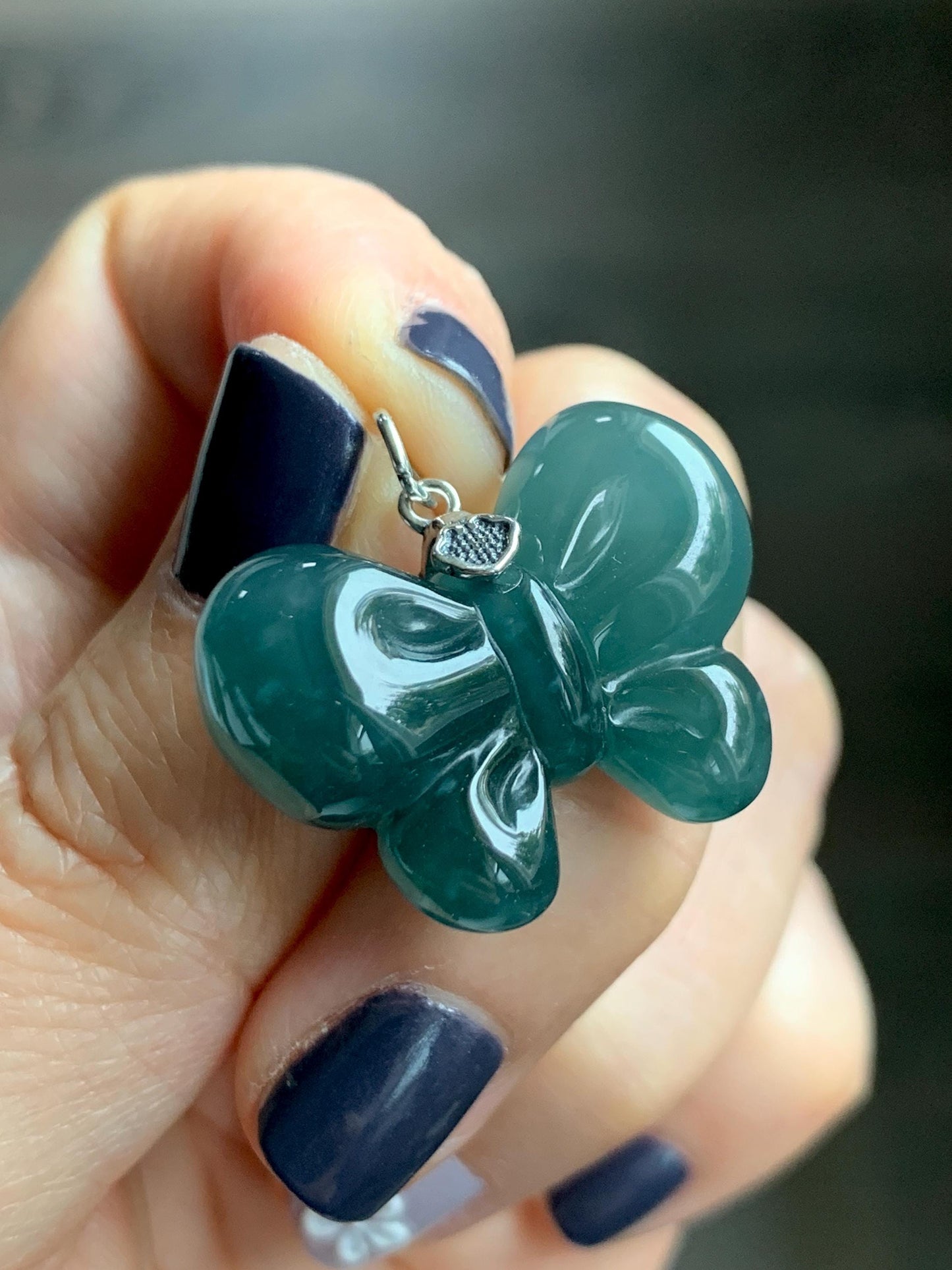 Natural Grade A Guatemalan Icy Translucent Dark Teal Blue Jade Jadeite Puffy Bow Pendant Sterling Silver 8g 天然冰危深蓝翡翠蝴蝶结吊坠 WHD220A