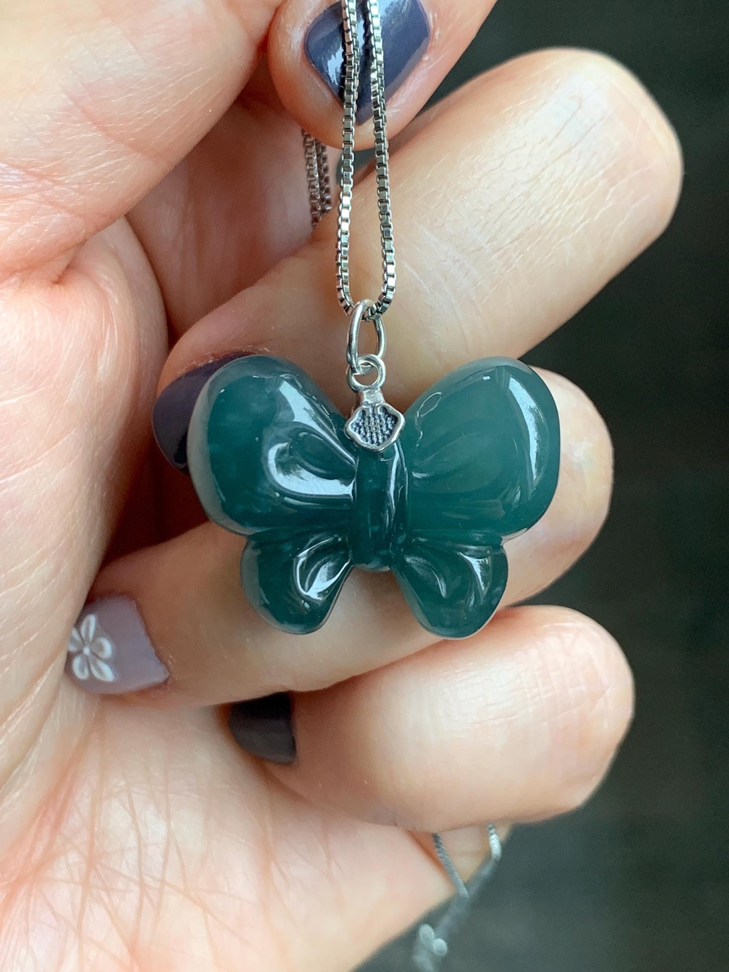 Natural Grade A Guatemalan Icy Translucent Dark Teal Blue Jade Jadeite Puffy Bow Pendant Sterling Silver 8g 天然冰危深蓝翡翠蝴蝶结吊坠 WHD220A