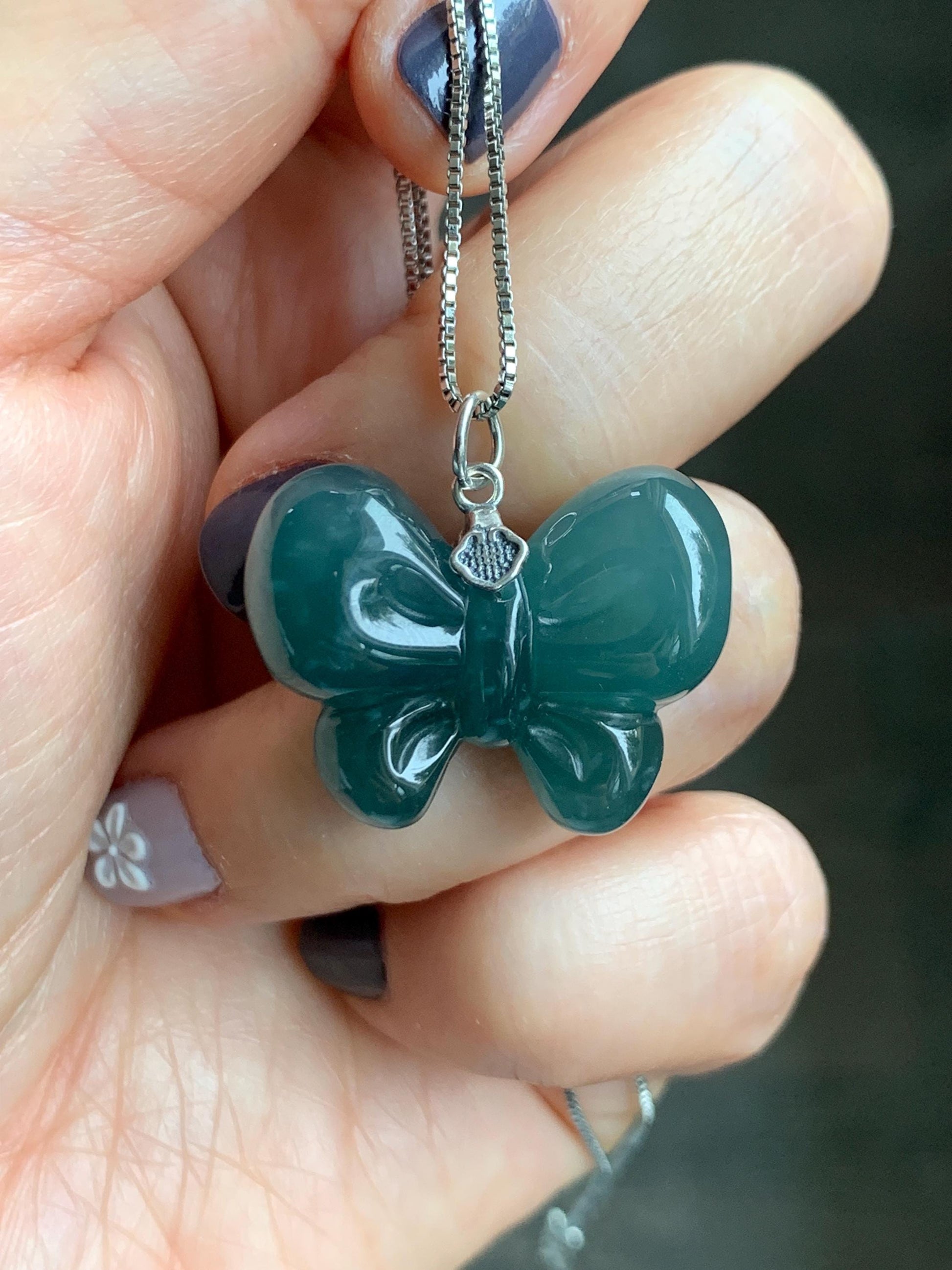 Natural Grade A Guatemalan Icy Translucent Dark Teal Blue Jade Jadeite Puffy Bow Pendant Sterling Silver 8g 天然冰危深蓝翡翠蝴蝶结吊坠 WHD220A