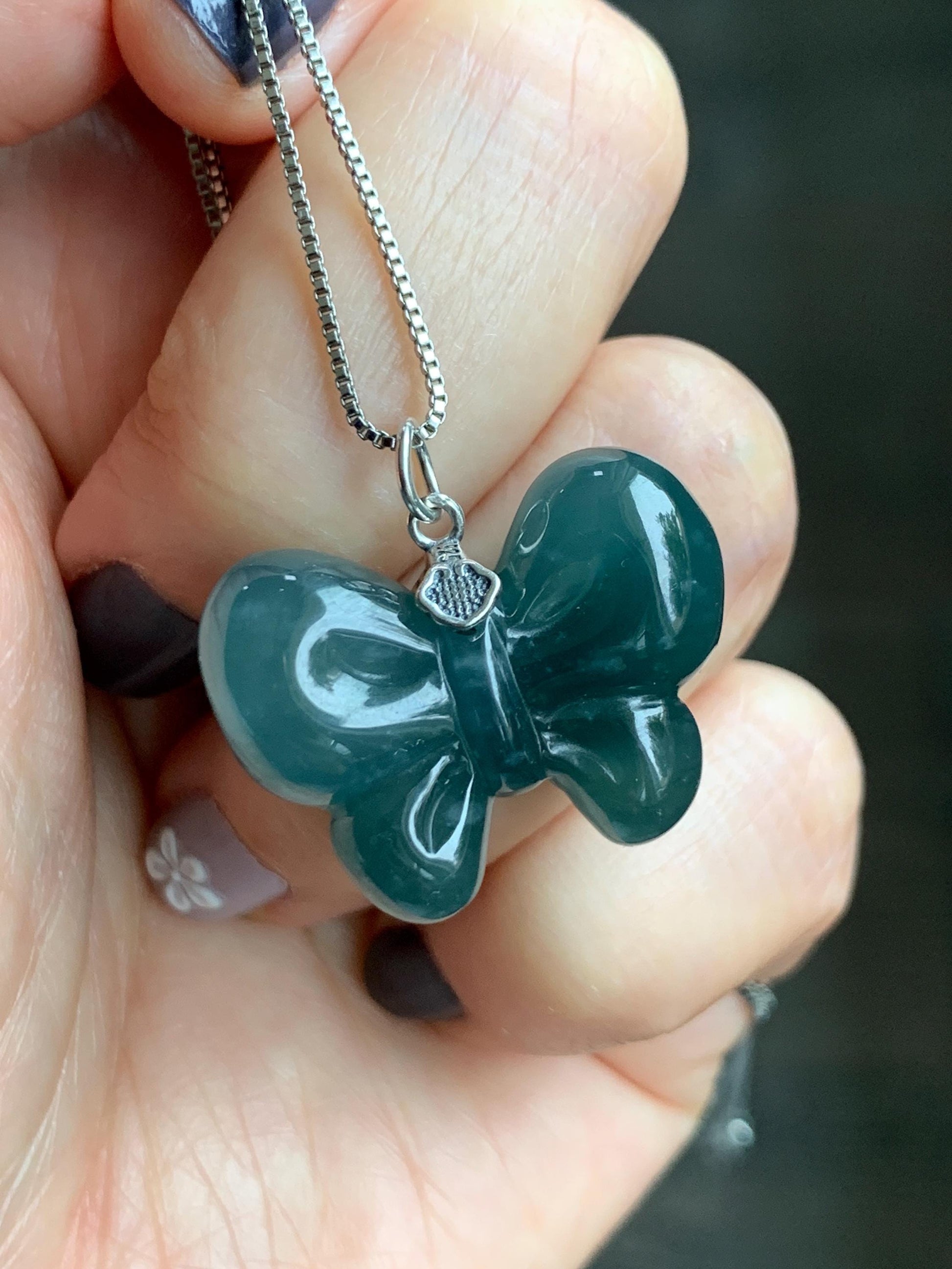 Natural Grade A Guatemalan Icy Translucent Dark Teal Blue Jade Jadeite Puffy Bow Pendant Sterling Silver 8g 天然冰危深蓝翡翠蝴蝶结吊坠 WHD220A
